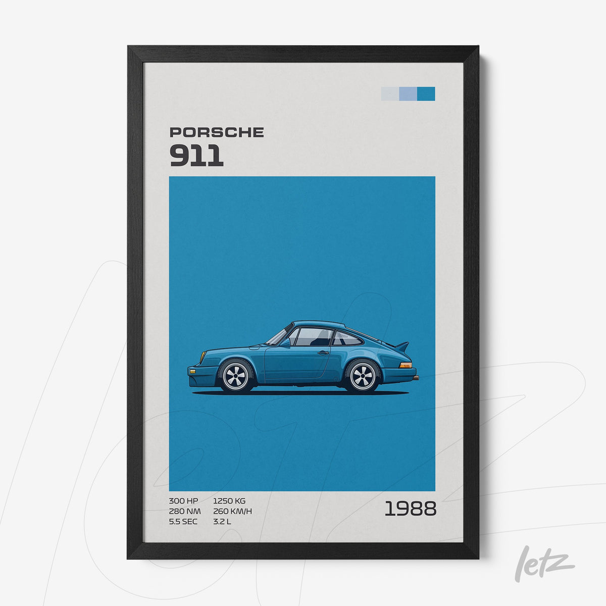 quadro com ilustração do Porsche 911 em fundo azul e moldura preta