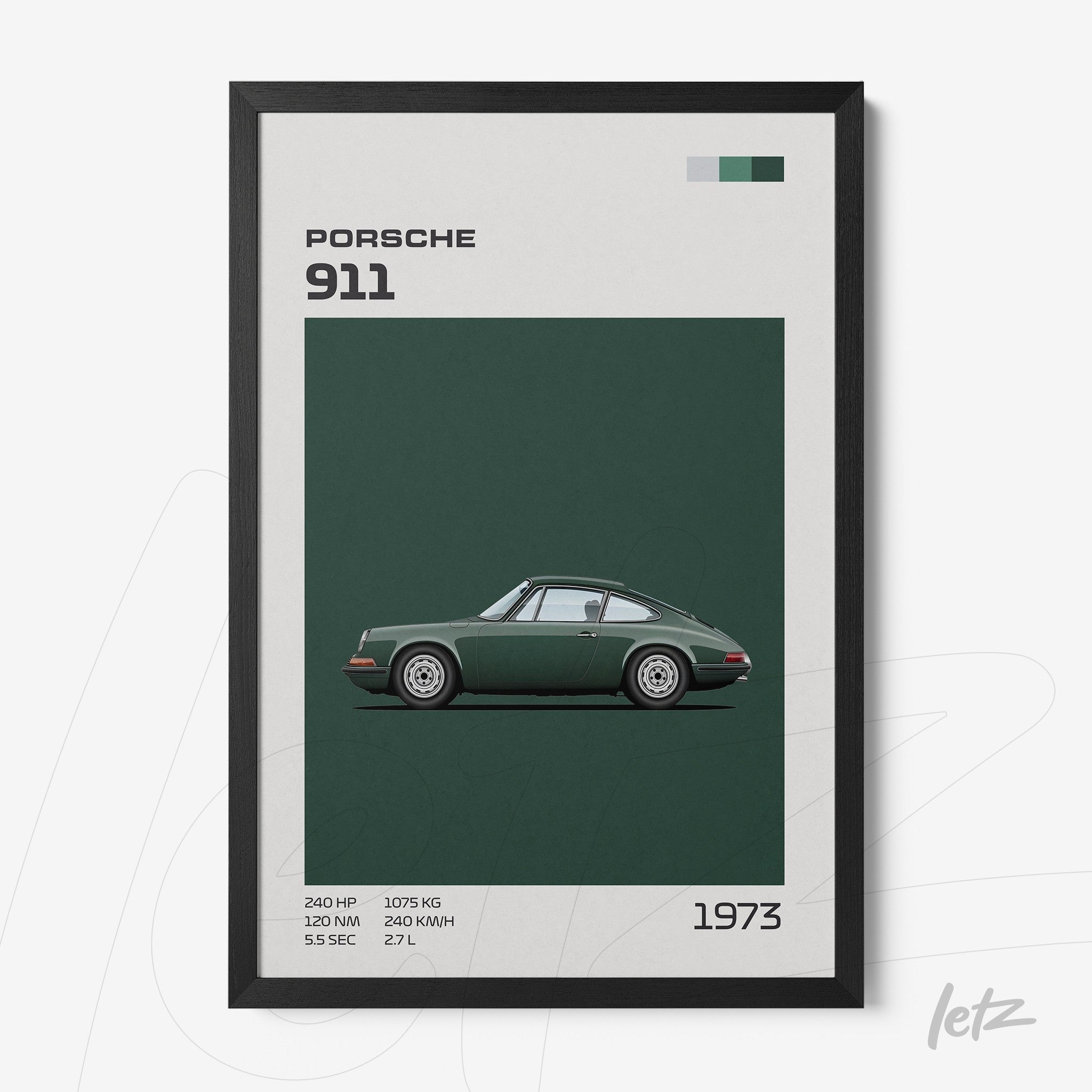 quadro com arte minimalista do carro Porsche 911 de 1973 em moldura preta