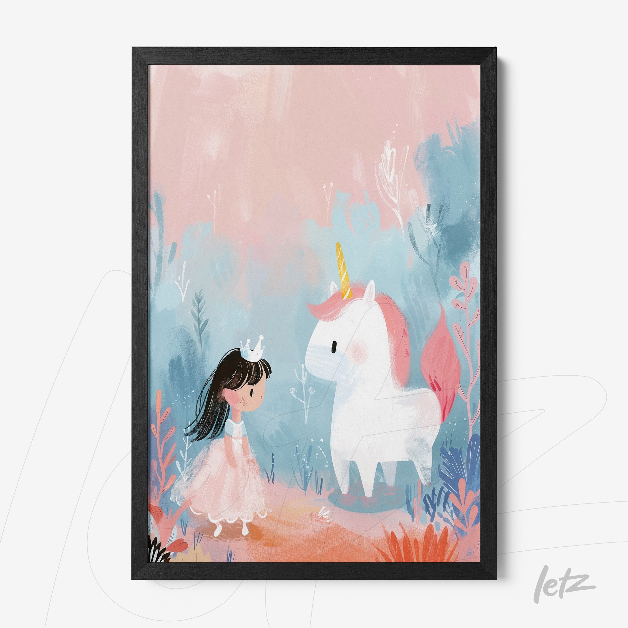quadro com ilustração colorida de uma menina com coroa se encontrando com um unicórnio em fundo suave