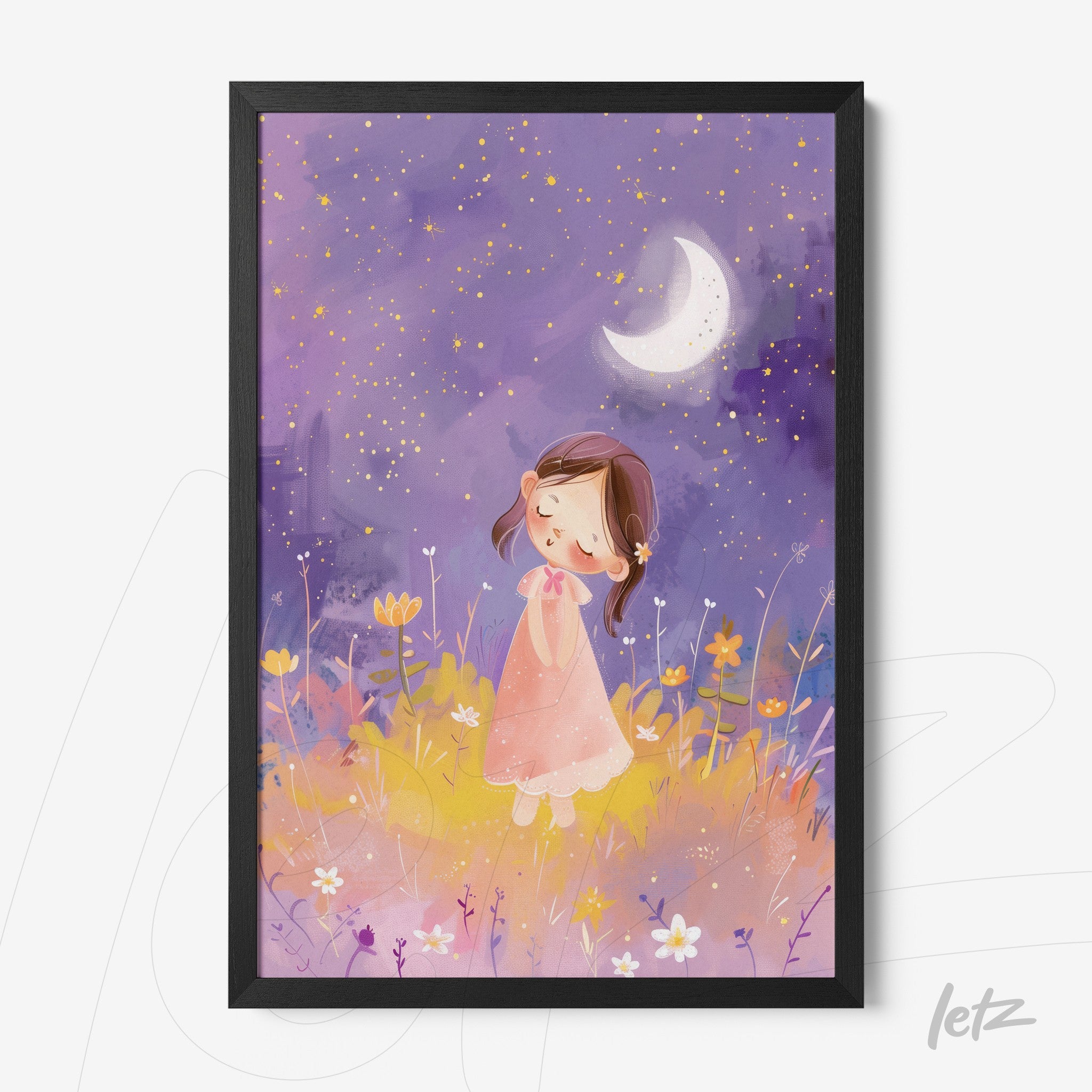 quadro com arte infantil de menina em vestido rosa sonhando sob céu estrelado com lua crescente, moldura preta
