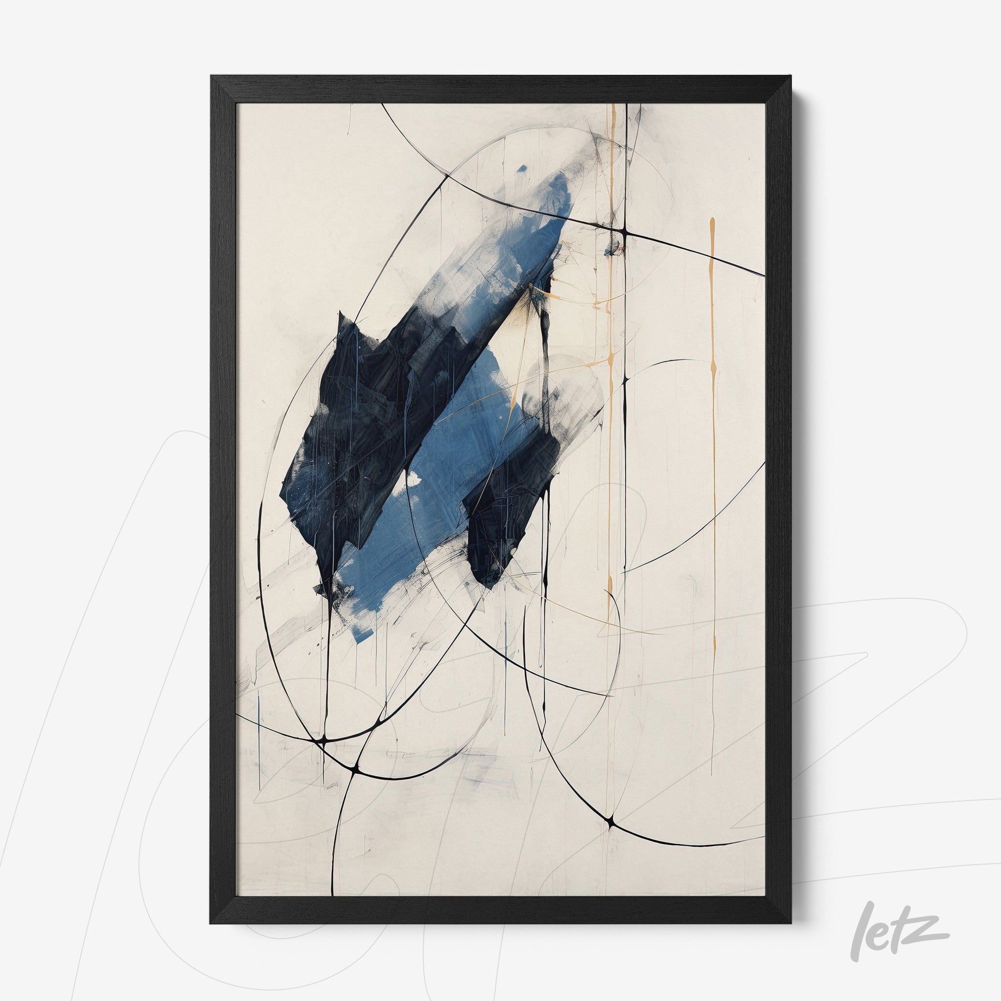 quadro abstrato com traços em azul e preto em moldura preta