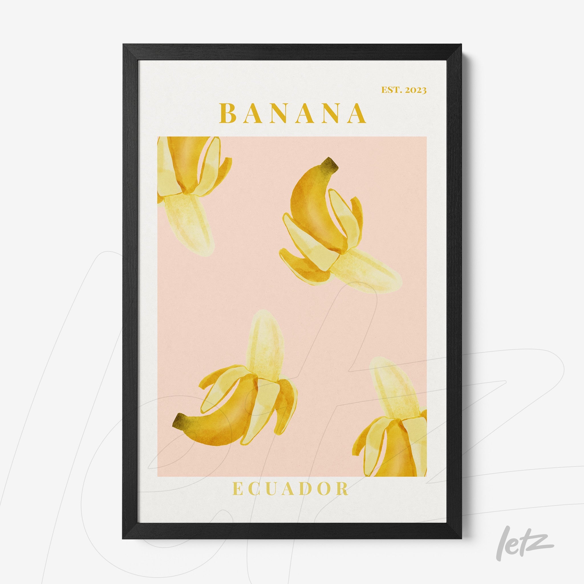 quadro com arte gráfica de bananas sobre fundo rosa, moldura preta
