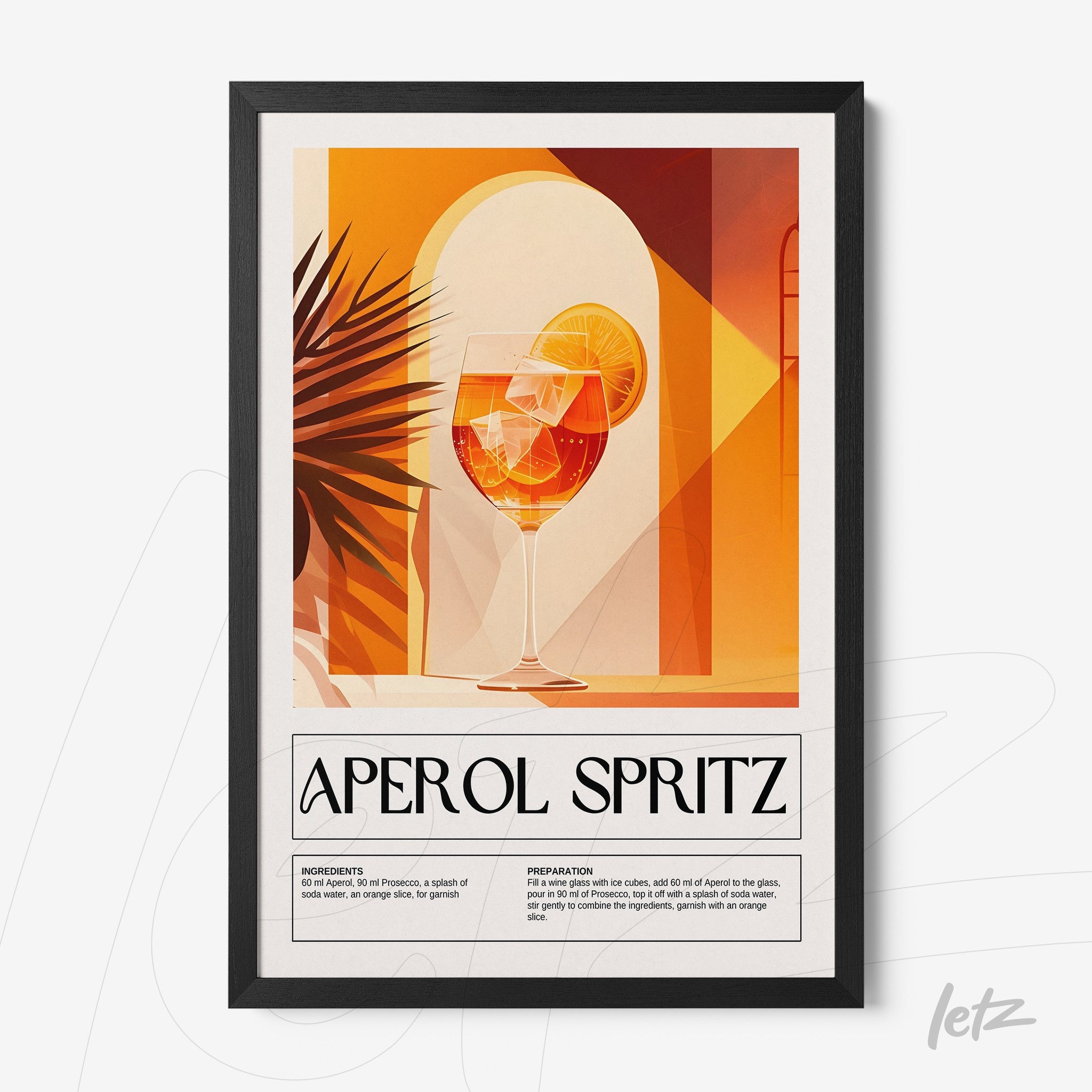 quadro com arte digital do drink aperol spritz em moldura preta