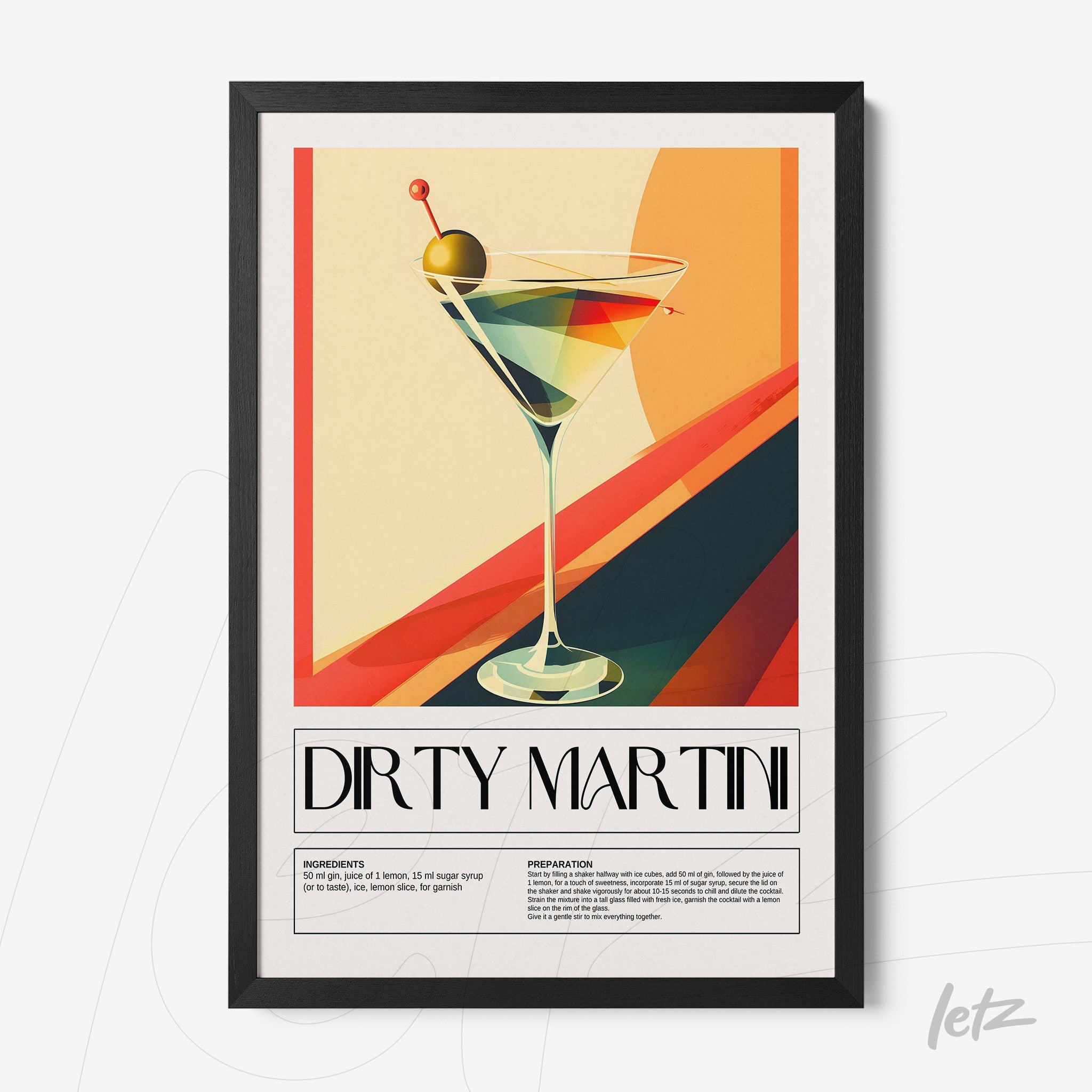 quadro com arte gráfica do drink dirty martini em moldura preta com fundo em cores sólidas