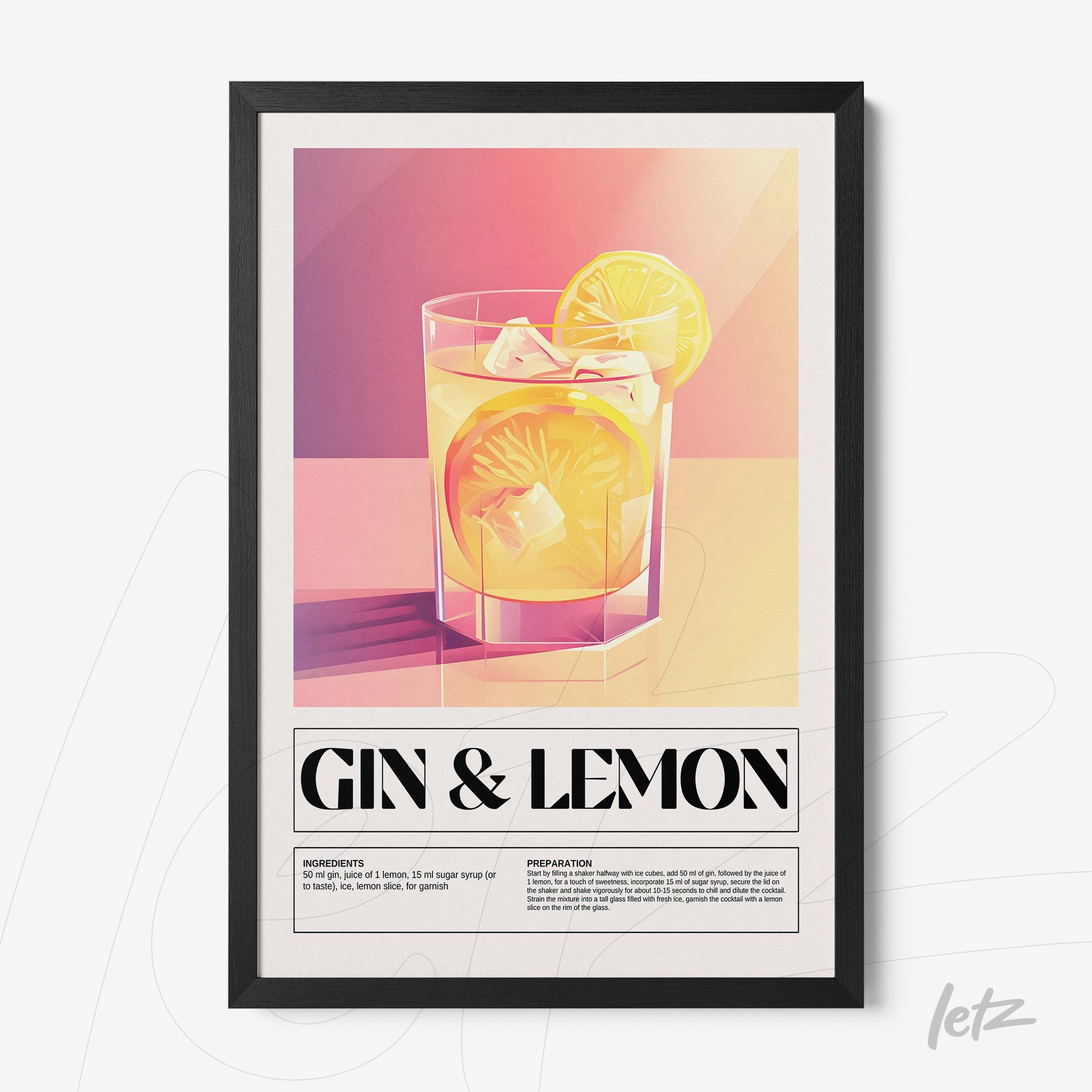 quadro com arte digital de drink gin com limão em moldura preta fina