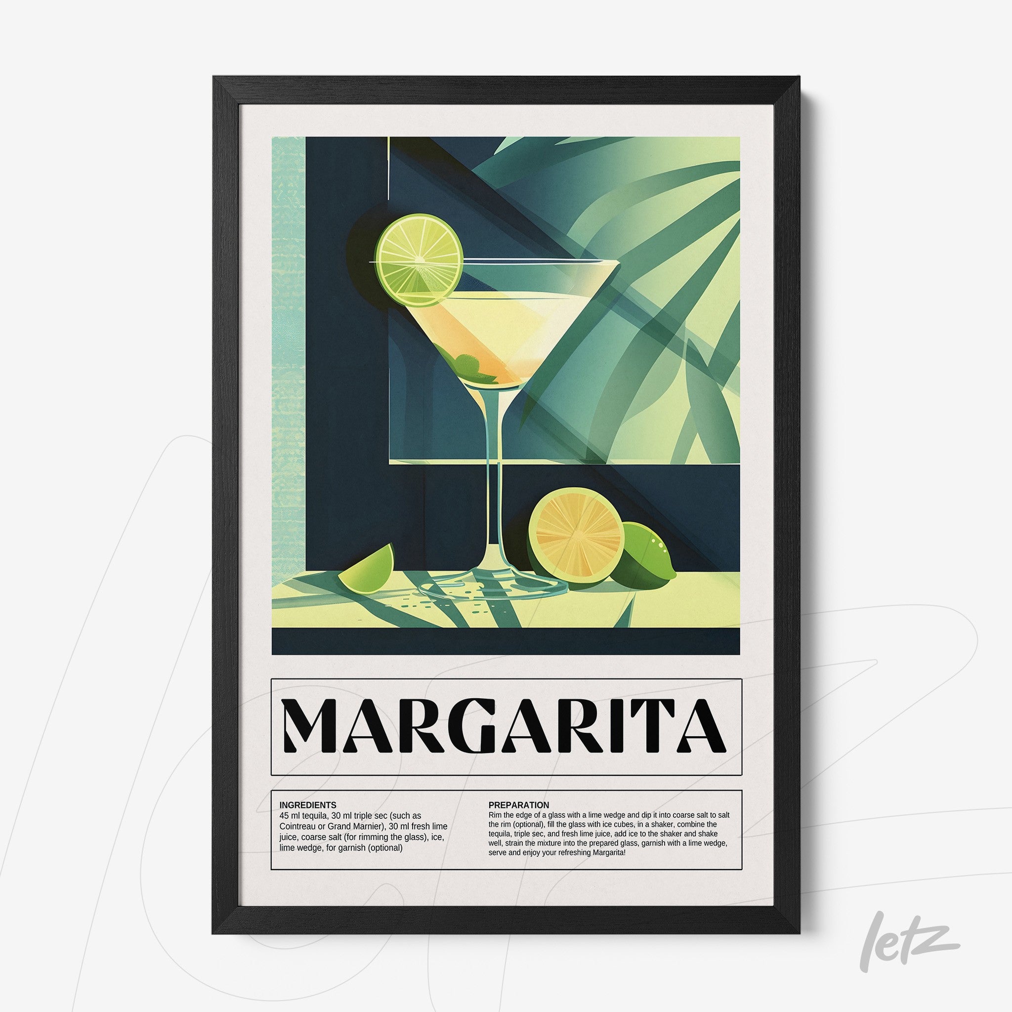quadro com arte gráfica do drink margarita em moldura preta