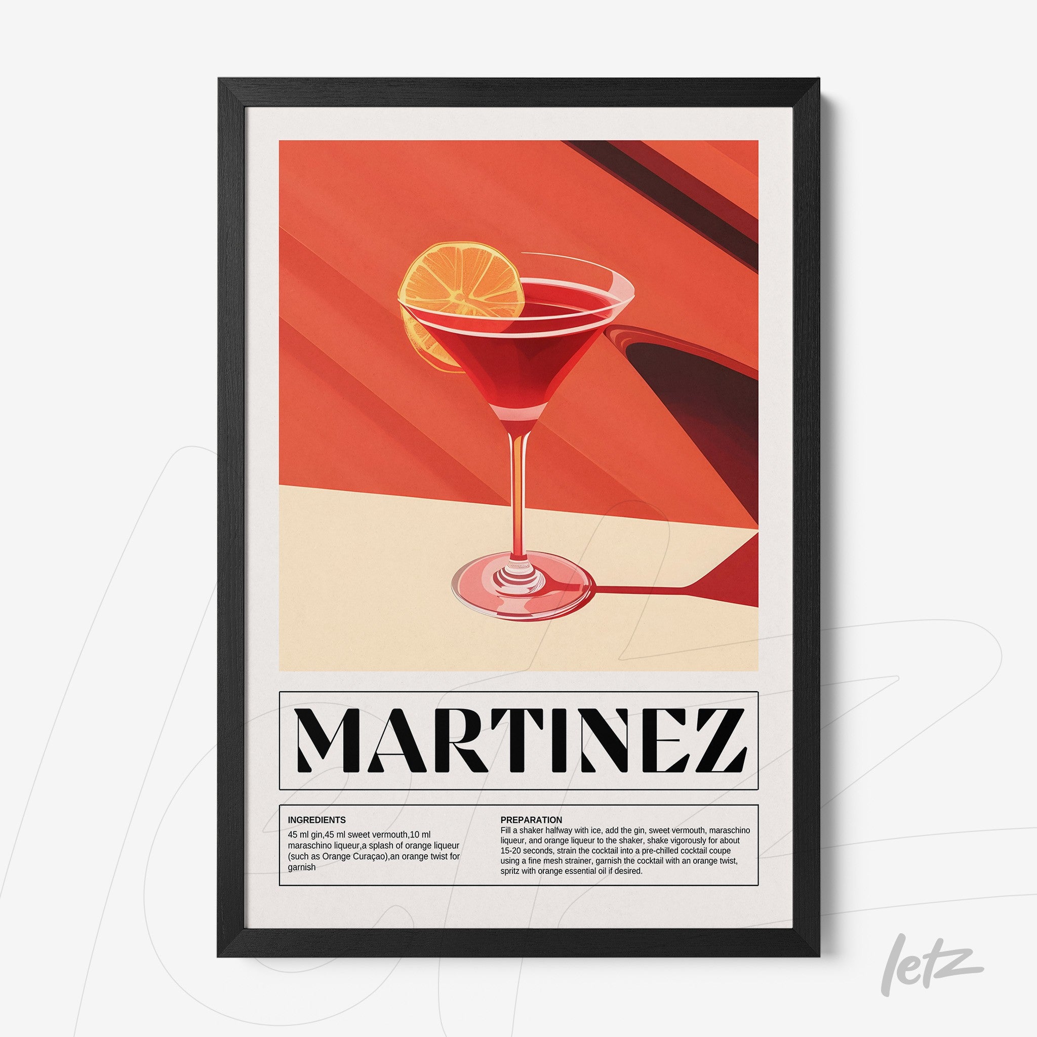quadro com arte gráfica de um drink martinez em uma taça com limão, moldura preta e fundo vermelho estilizado