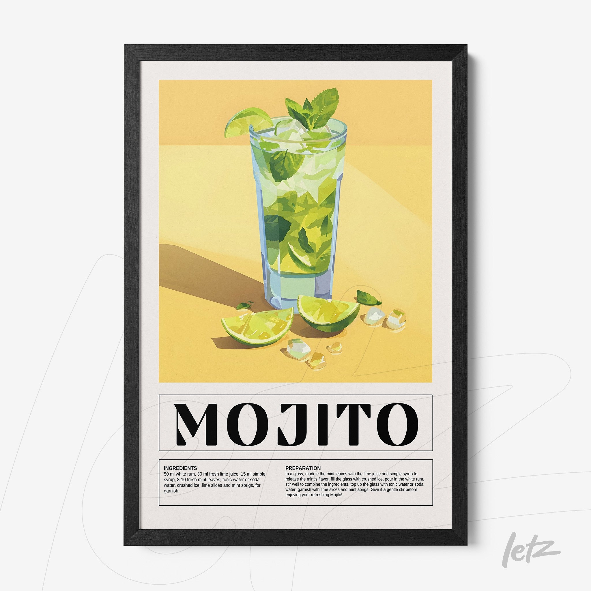 quadro com arte digital de drink mojito em moldura preta, com fundo amarelo e limões fatiados ao redor do copo