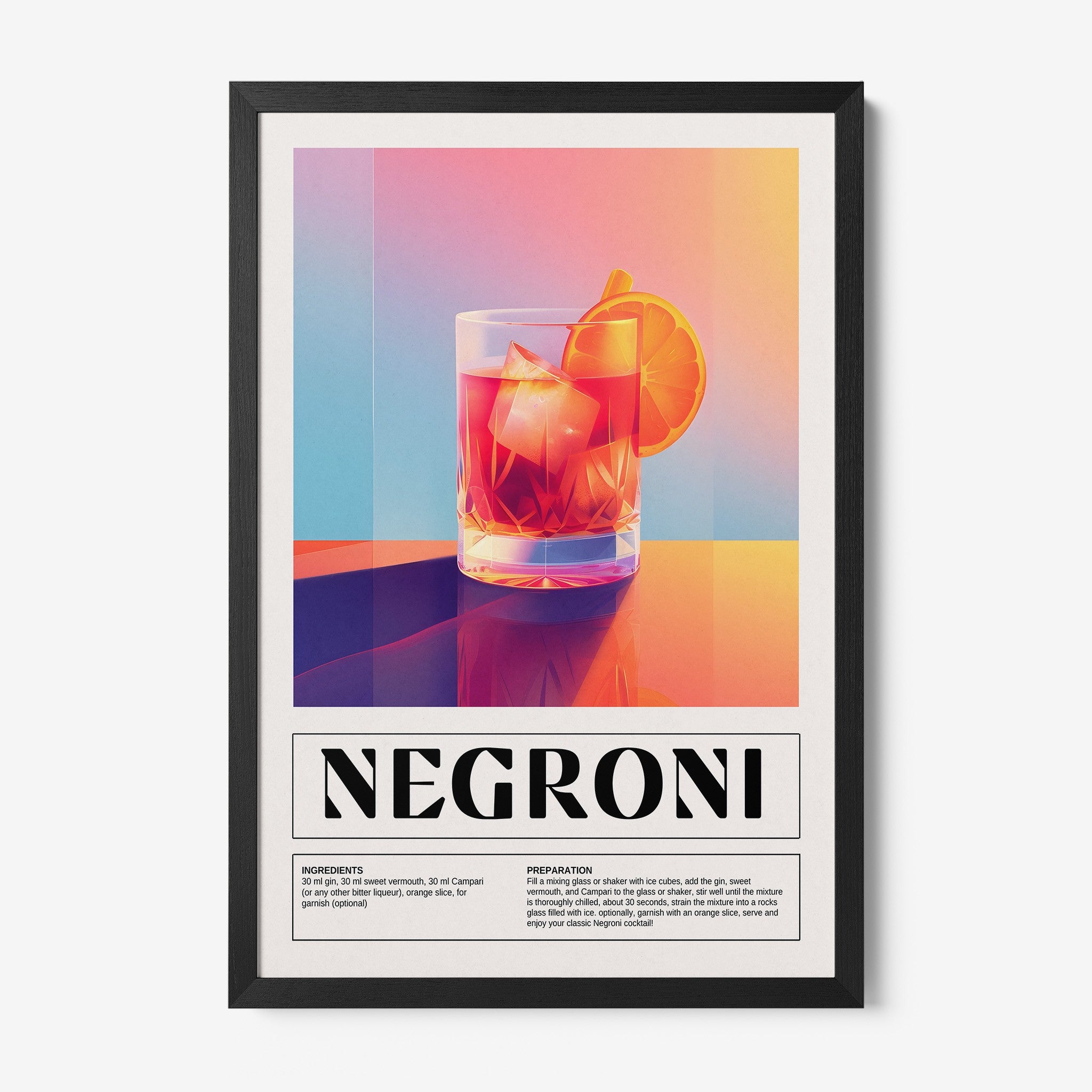 quadro com ilustração vibrante de drink negroni em moldura preta