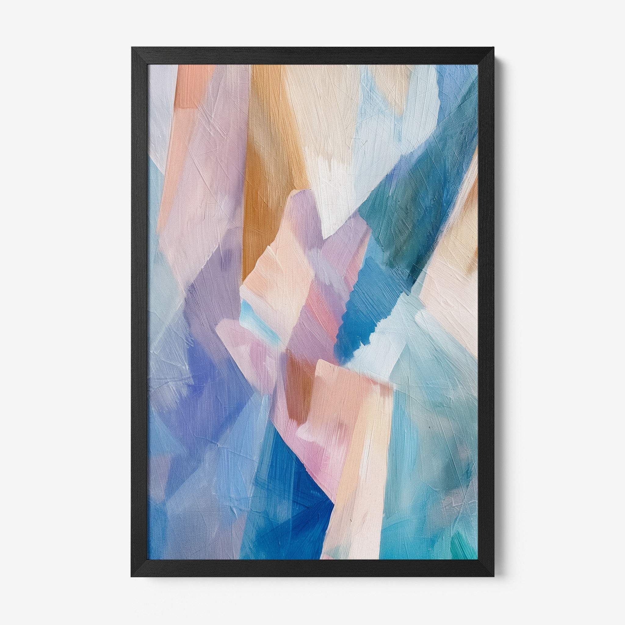 quadro com arte abstrata em tons pastel e pinceladas texturizadas, moldura preta