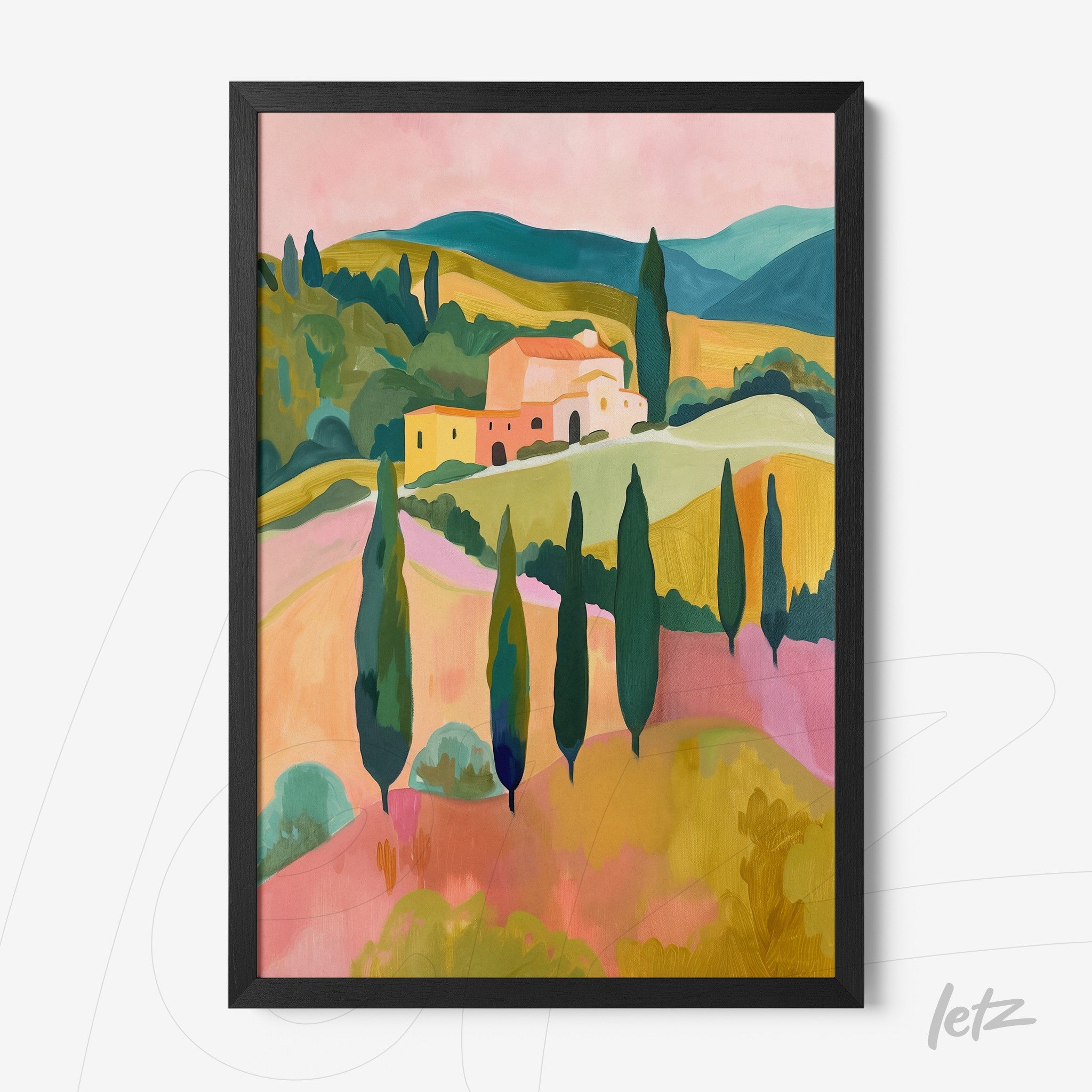 quadro com arte abstrata de paisagem rural com colinas e ciprestes em moldura preta