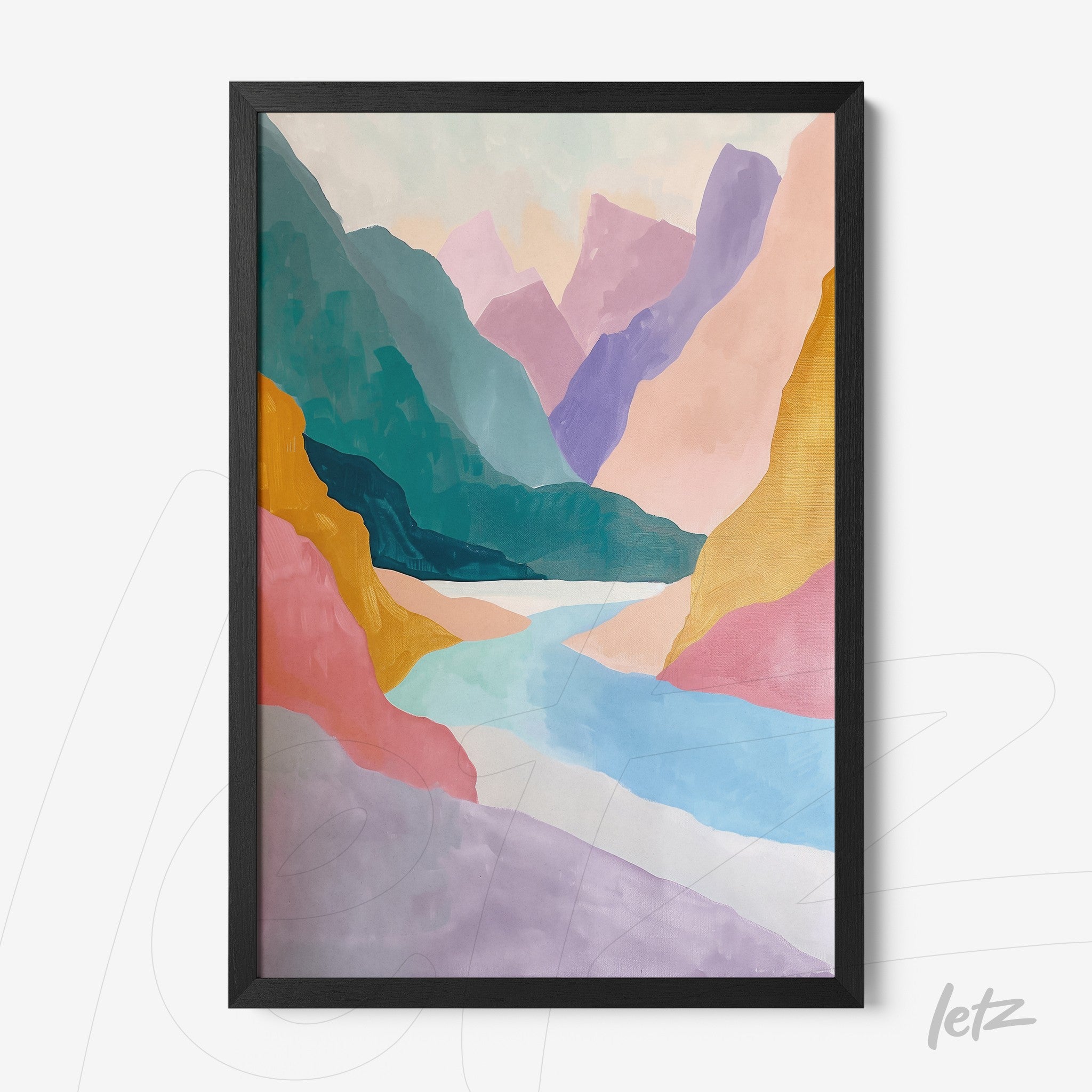 quadro decorativo em moldura preta apresentando paisagem moderna com montanhas coloridas e um rio sereno