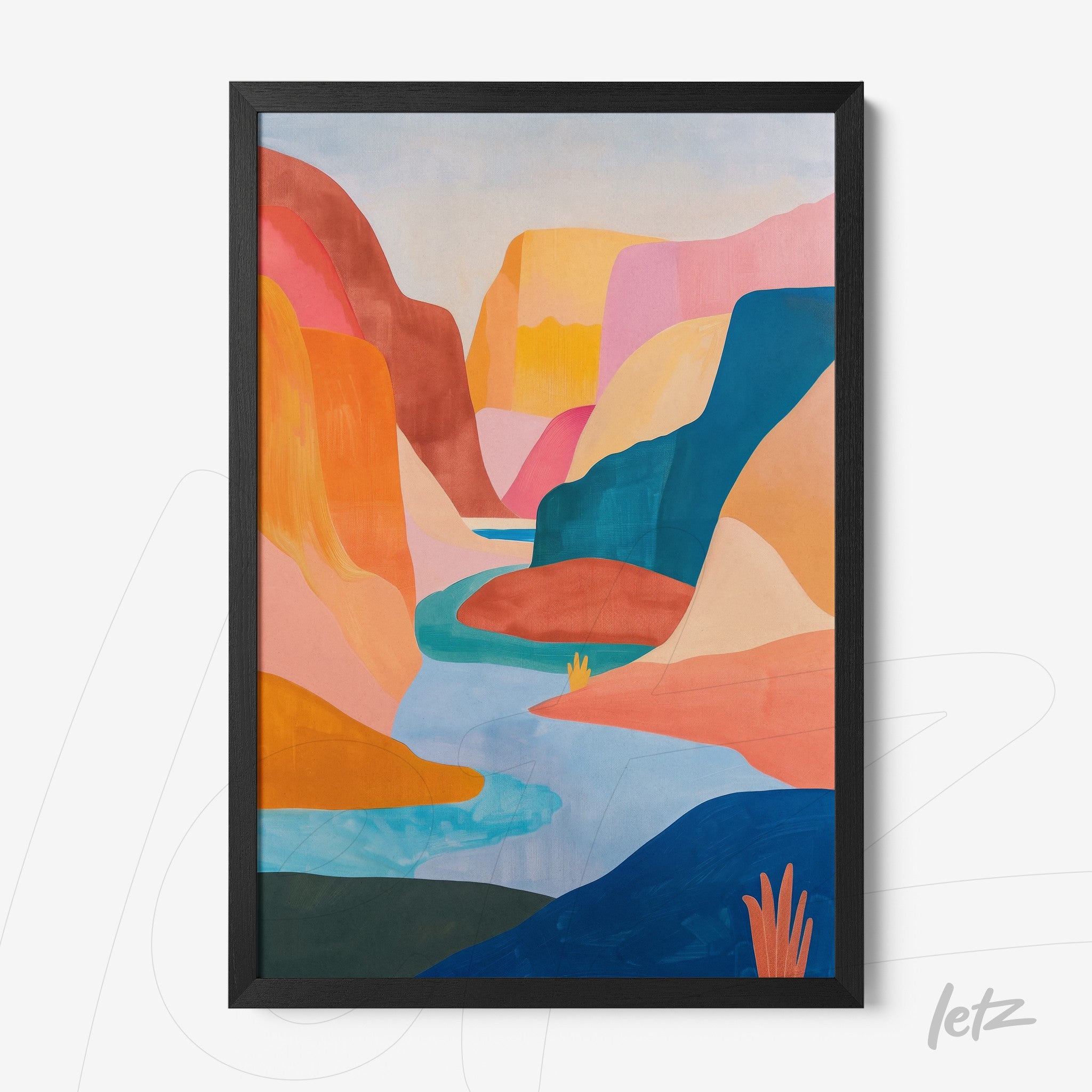 quadro com paisagem abstrata de canyon em cores vibrantes e moldura preta