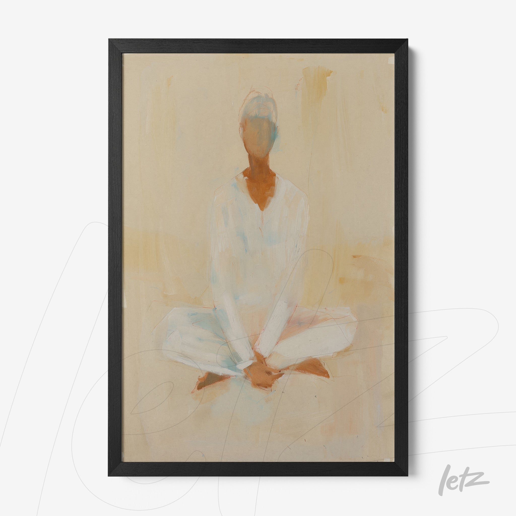 quadro com arte abstrata de figura humana sentada em posição de meditação, com fundo em tons de bege e moldura preta