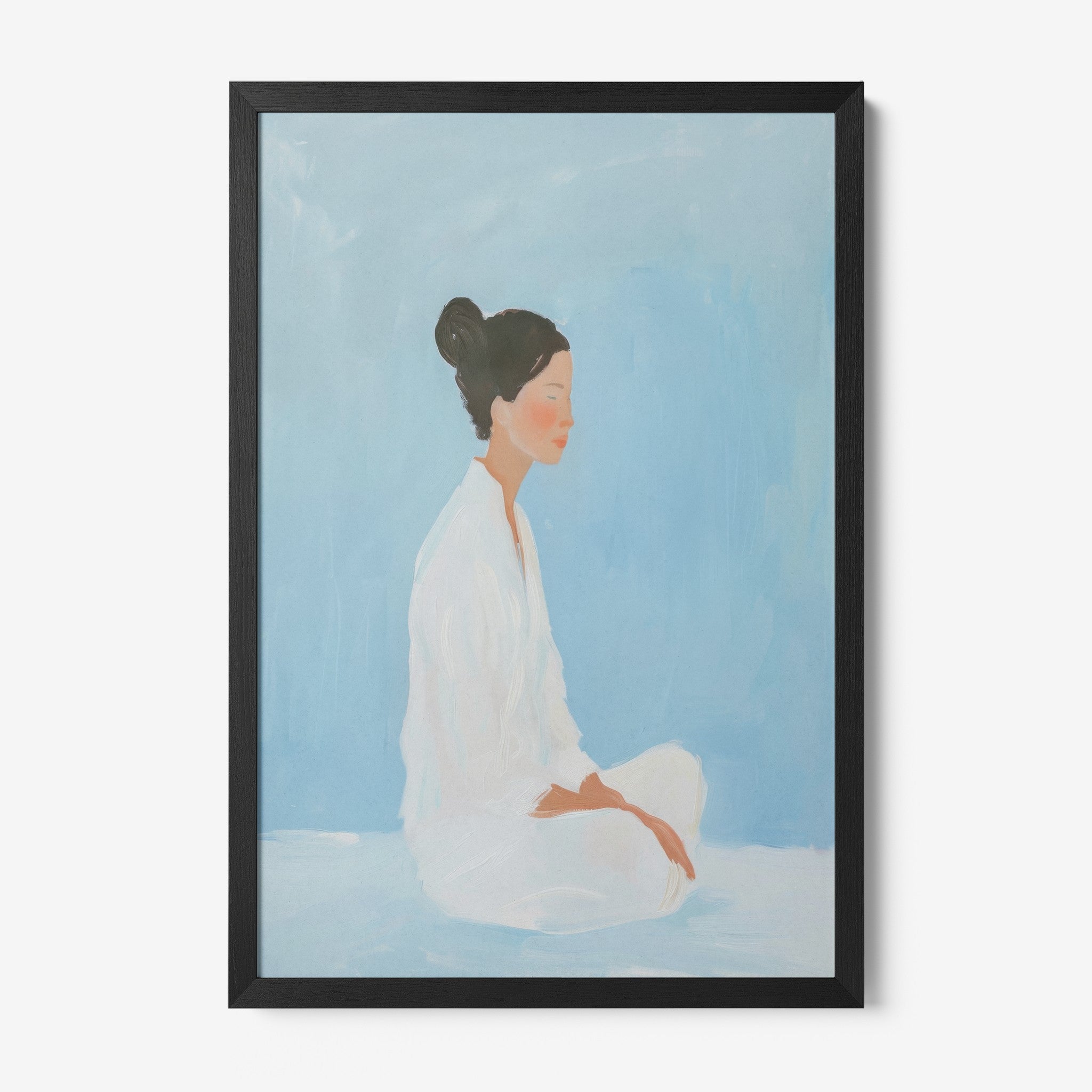 quadro com arte minimalista de uma mulher meditando em fundo azul claro, moldura preta