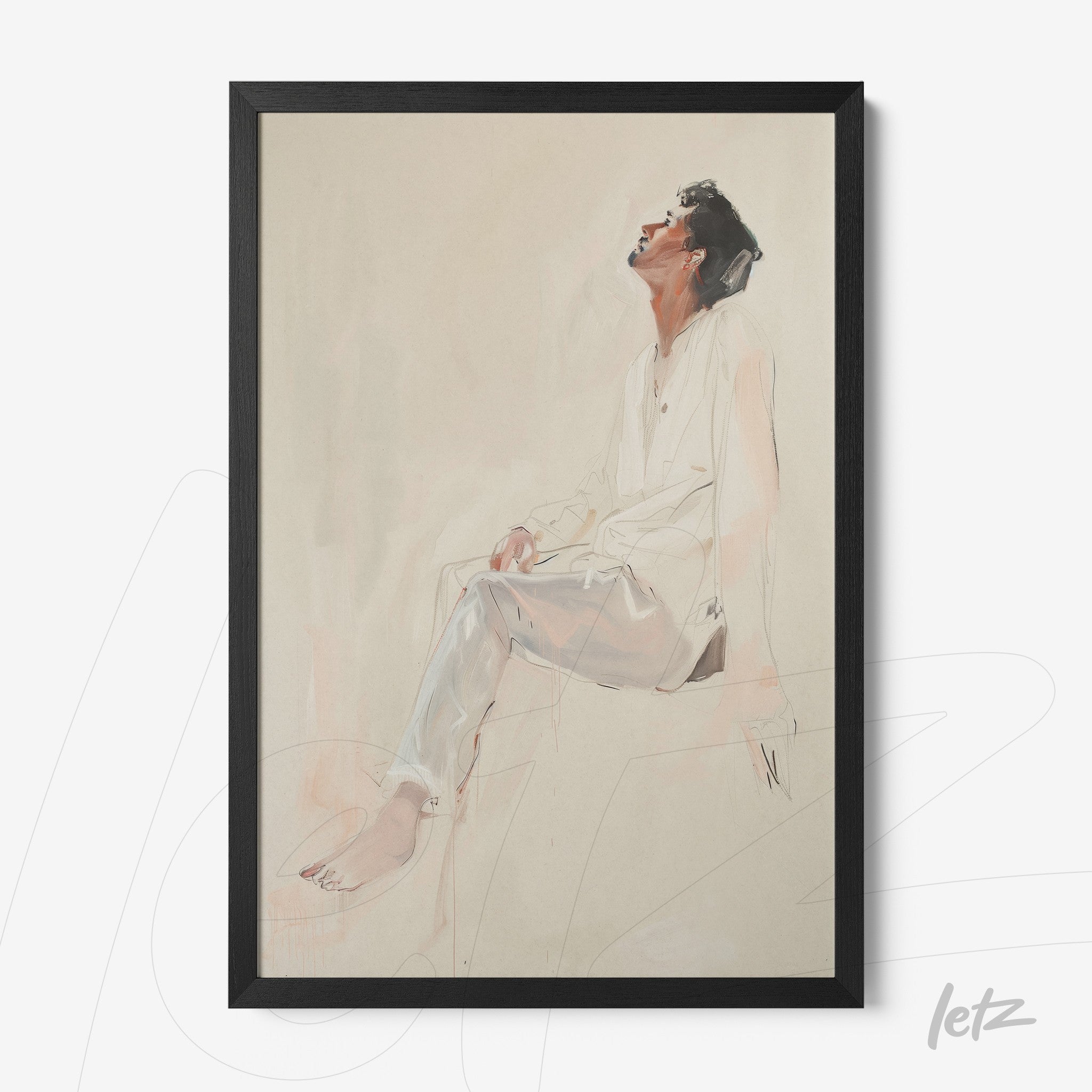 quadro com arte de retrato em aquarela de um homem sentado, moldura preta simples