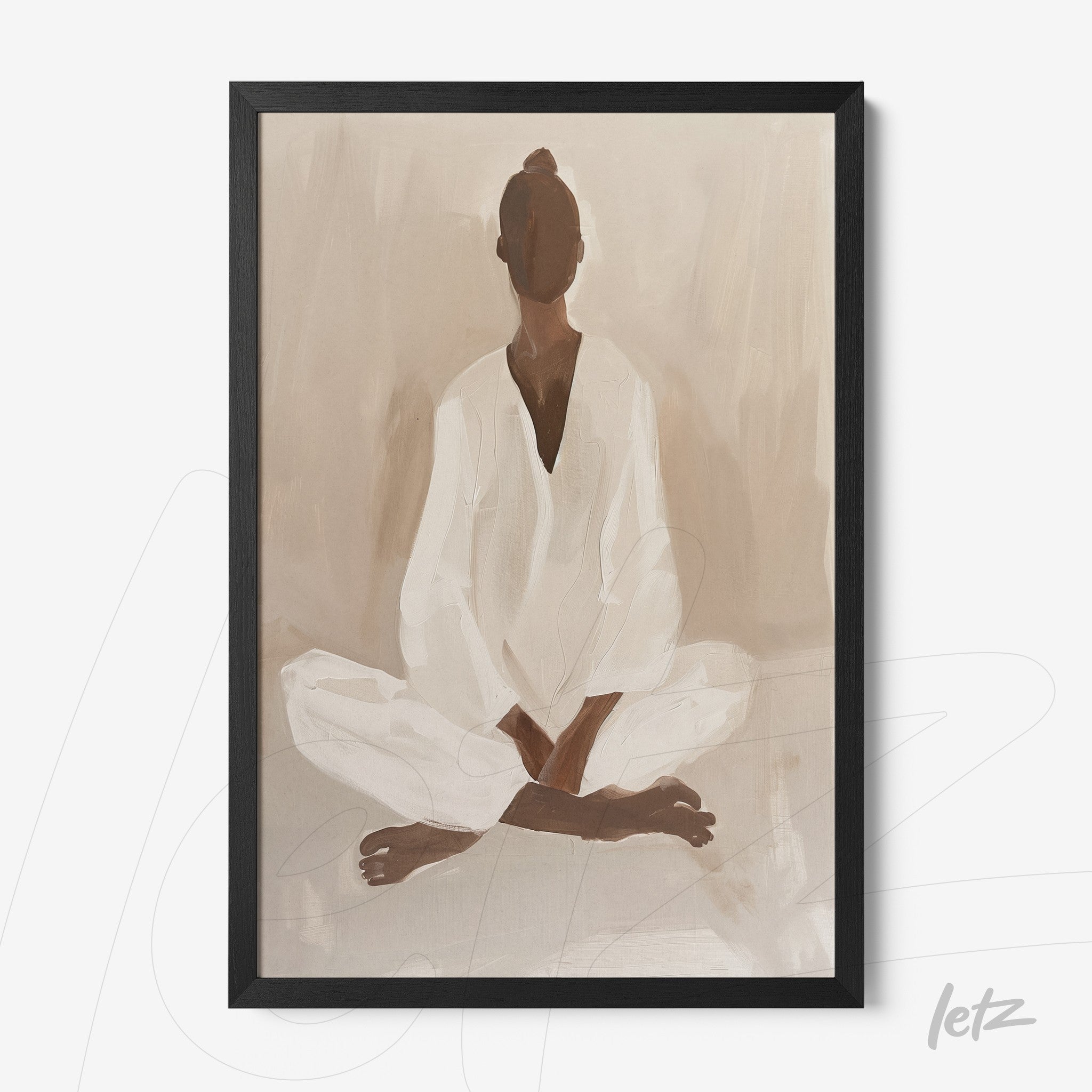 quadro com arte minimalista de uma figura feminina meditando em tons neutros com moldura preta