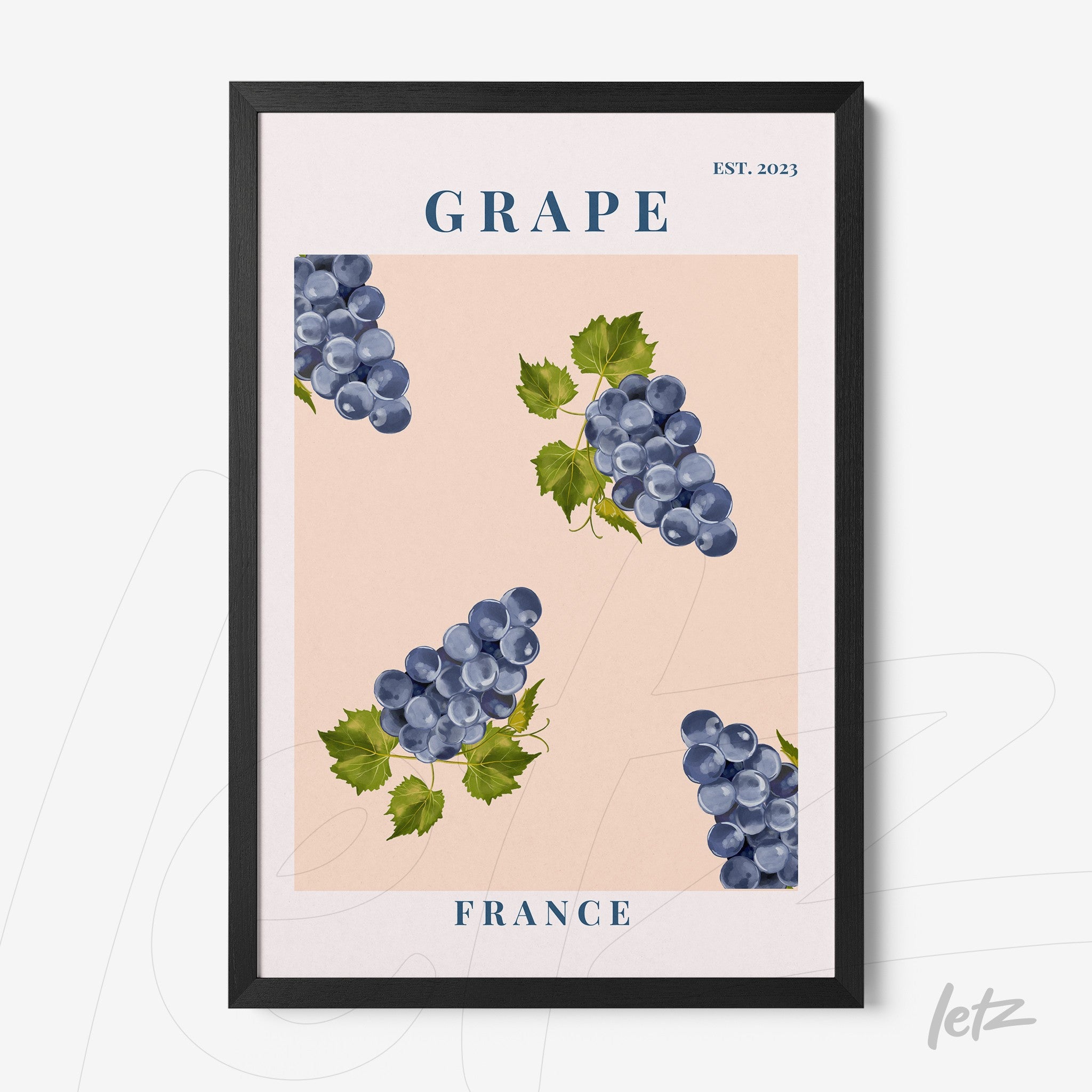 quadro com ilustração de uvas em fundo rosa e moldura preta