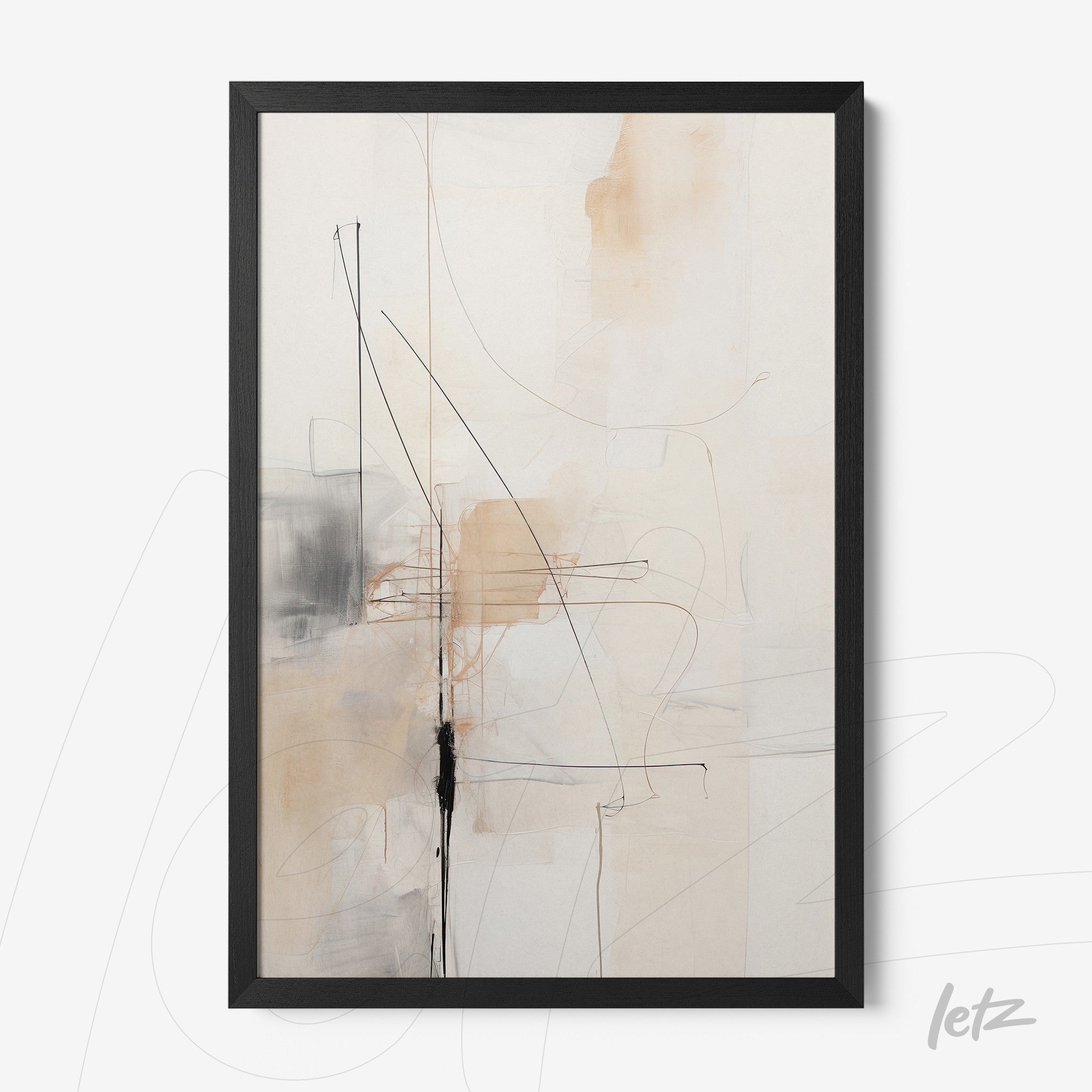 quadro com arte abstrata em tons neutros com traços pretos em moldura preta
