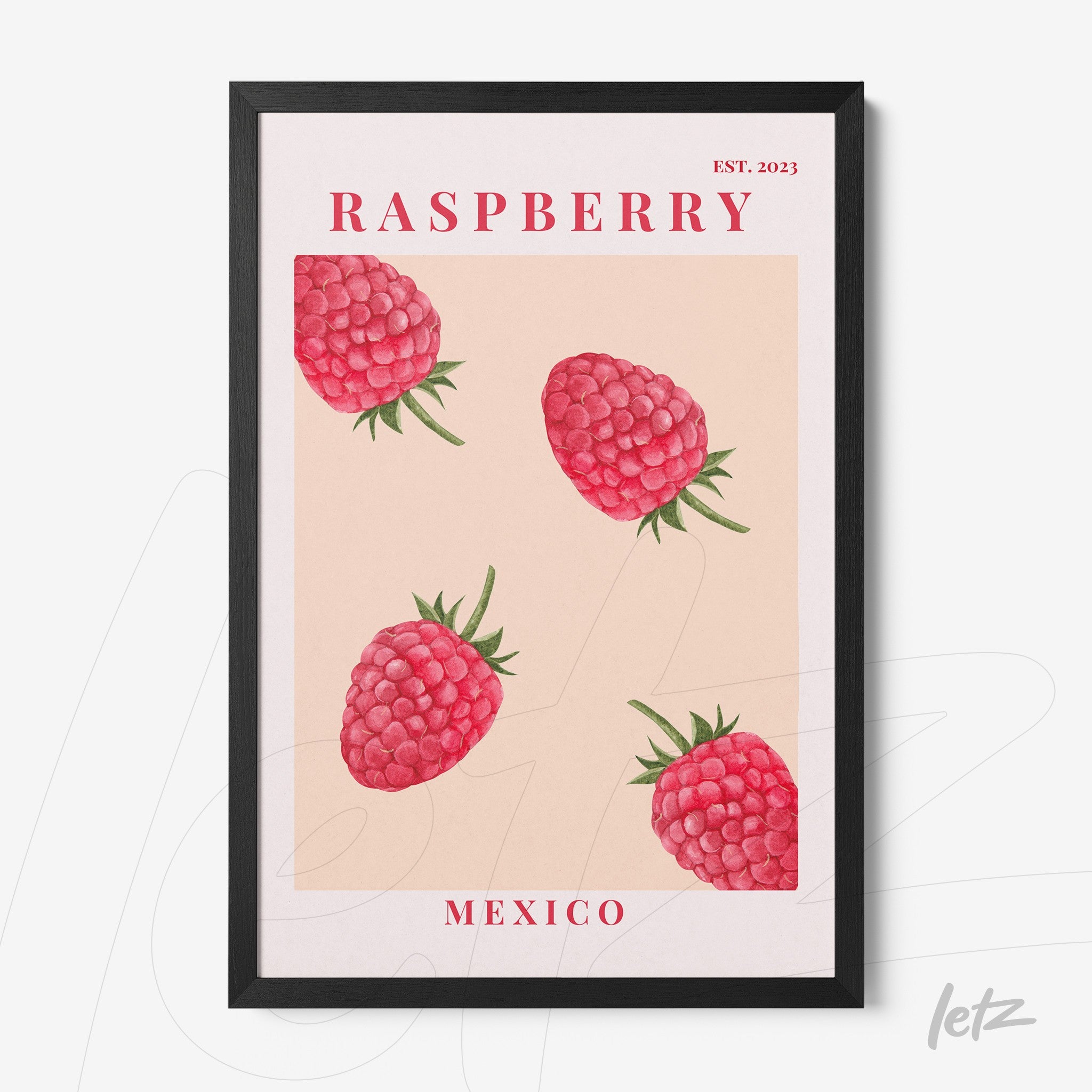 quadro com arte de framboesas em moldura preta com fundo rosa claro