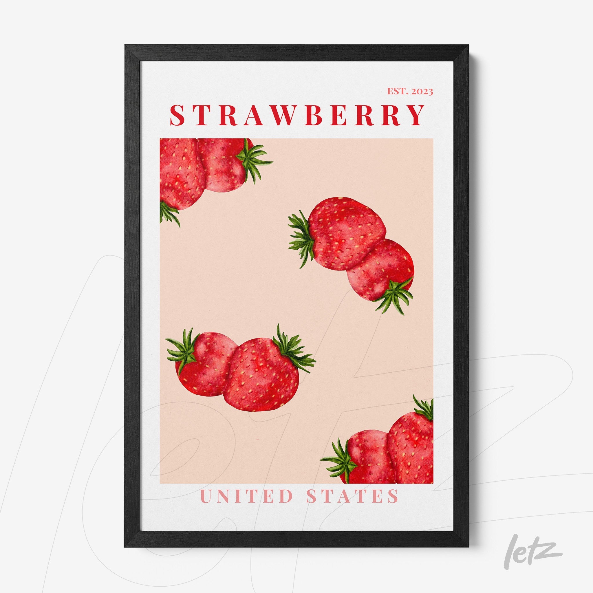 quadro com arte de morangos em fundo rosa e moldura preta