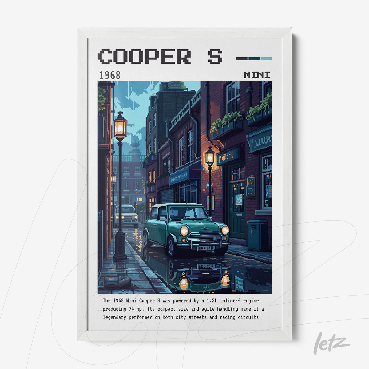 quadro com arte em pixel do carro Mini Cooper S em uma rua à noite, com moldura branca