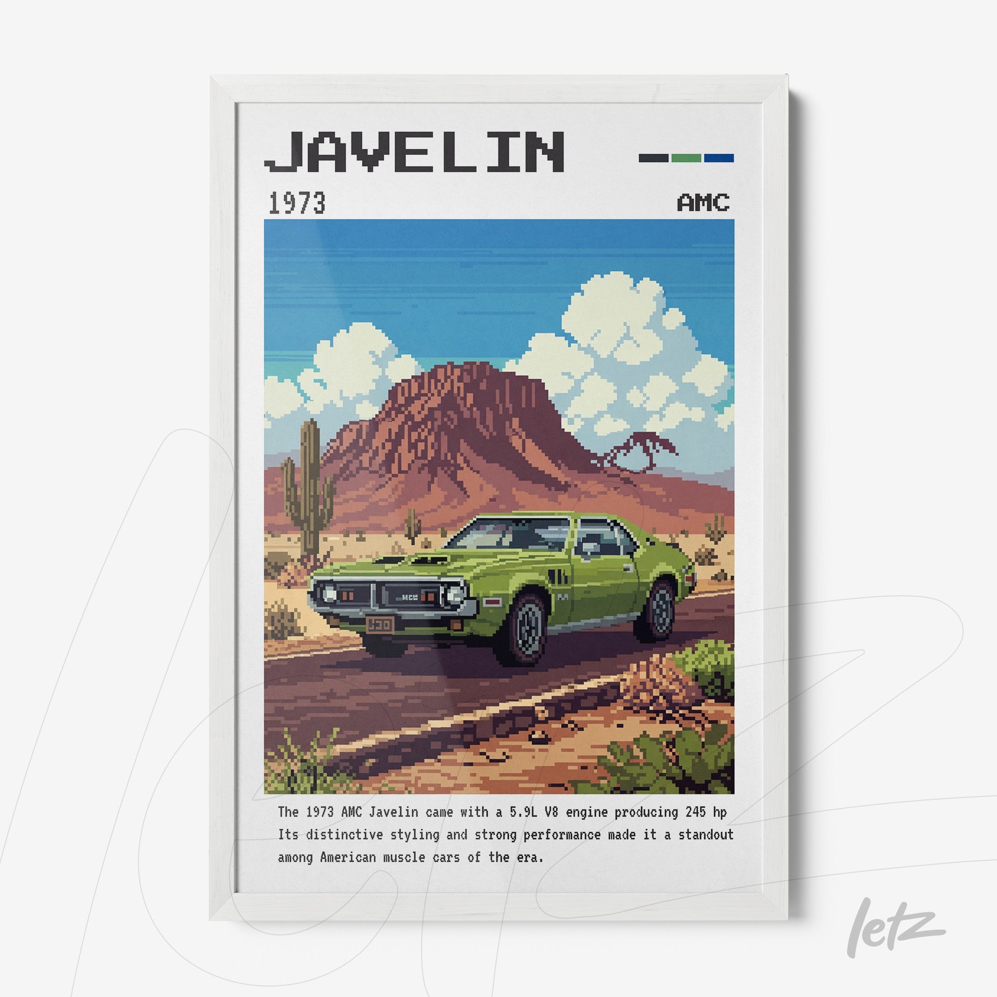 quadro com arte em pixel art do carro AMC Javelin 1973 em moldura branca
