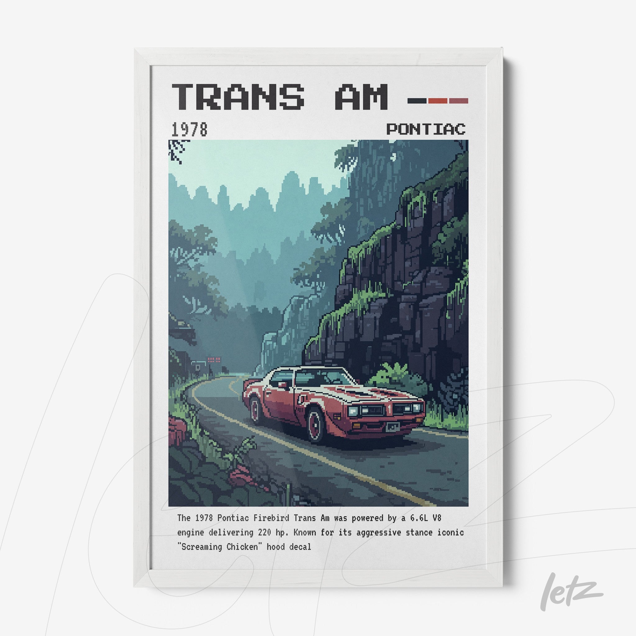 quadro com arte pixelada de um carro Pontiac Trans Am vermelho na estrada com montanhas ao fundo, moldura branca
