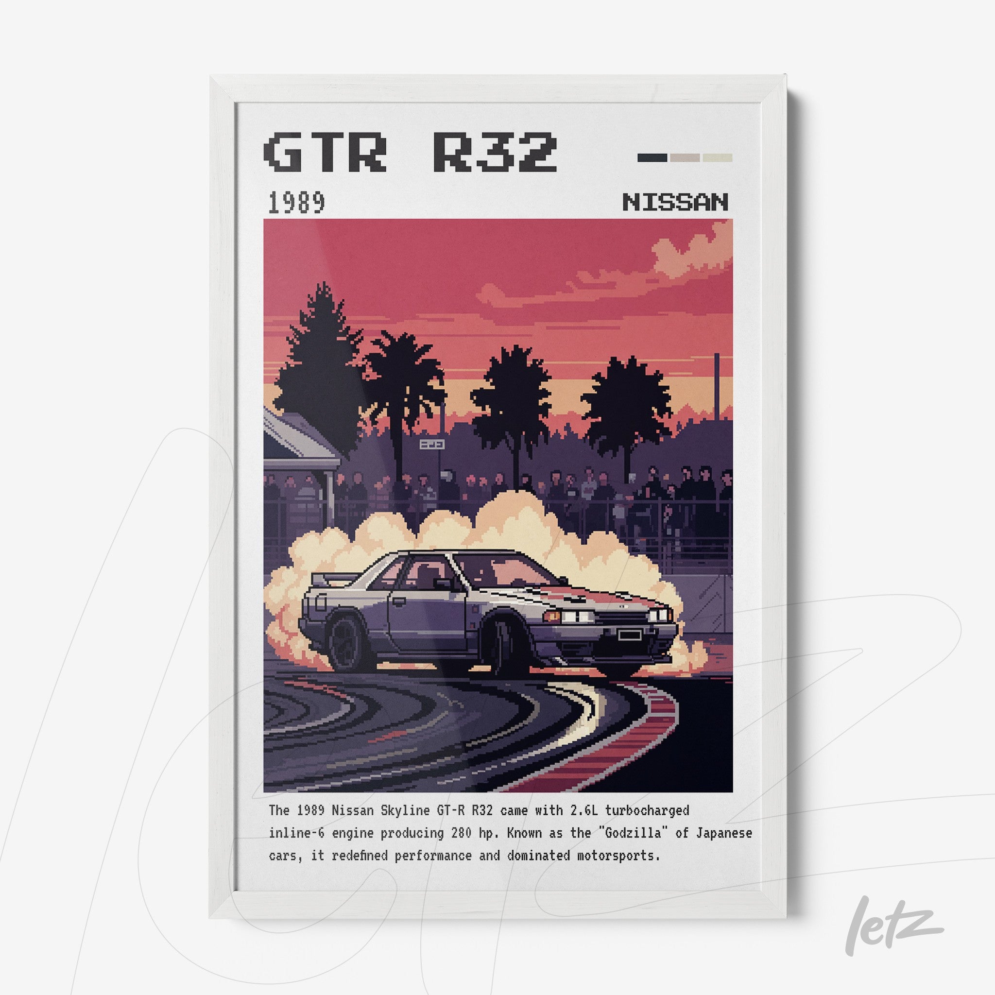 quadro com arte em estilo retrô de um carro Nissan GTR R32 em pista, exibido em moldura branca