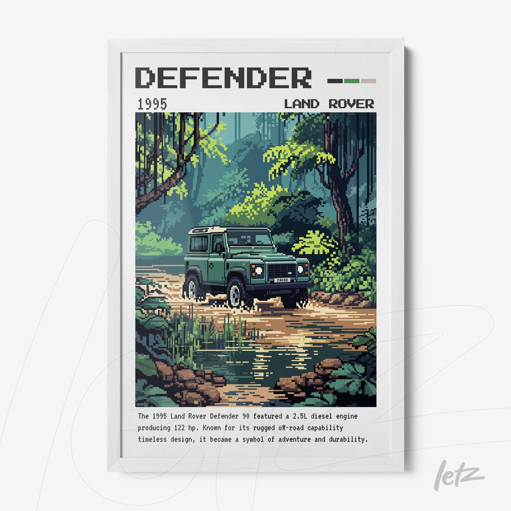 quadro com ilustração em estilo pixel art de um Land Rover Defender em um ambiente de floresta, moldura branca