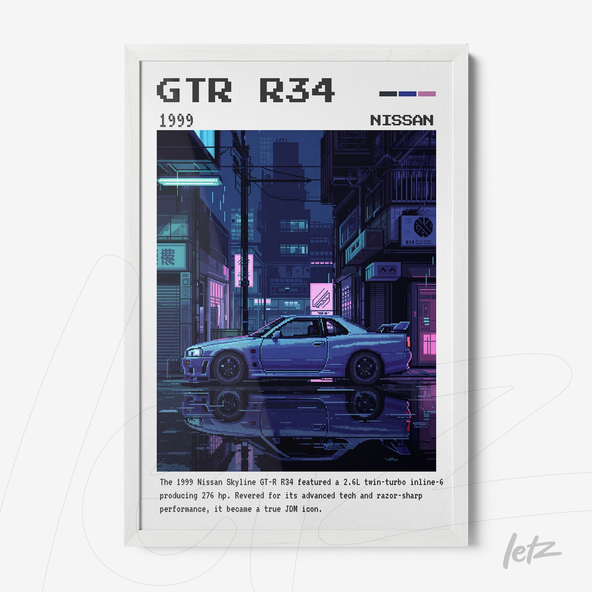 quadro com arte digital do carro Nissan GTR R34 em moldura branca, ambientado em uma cidade à noite com neon