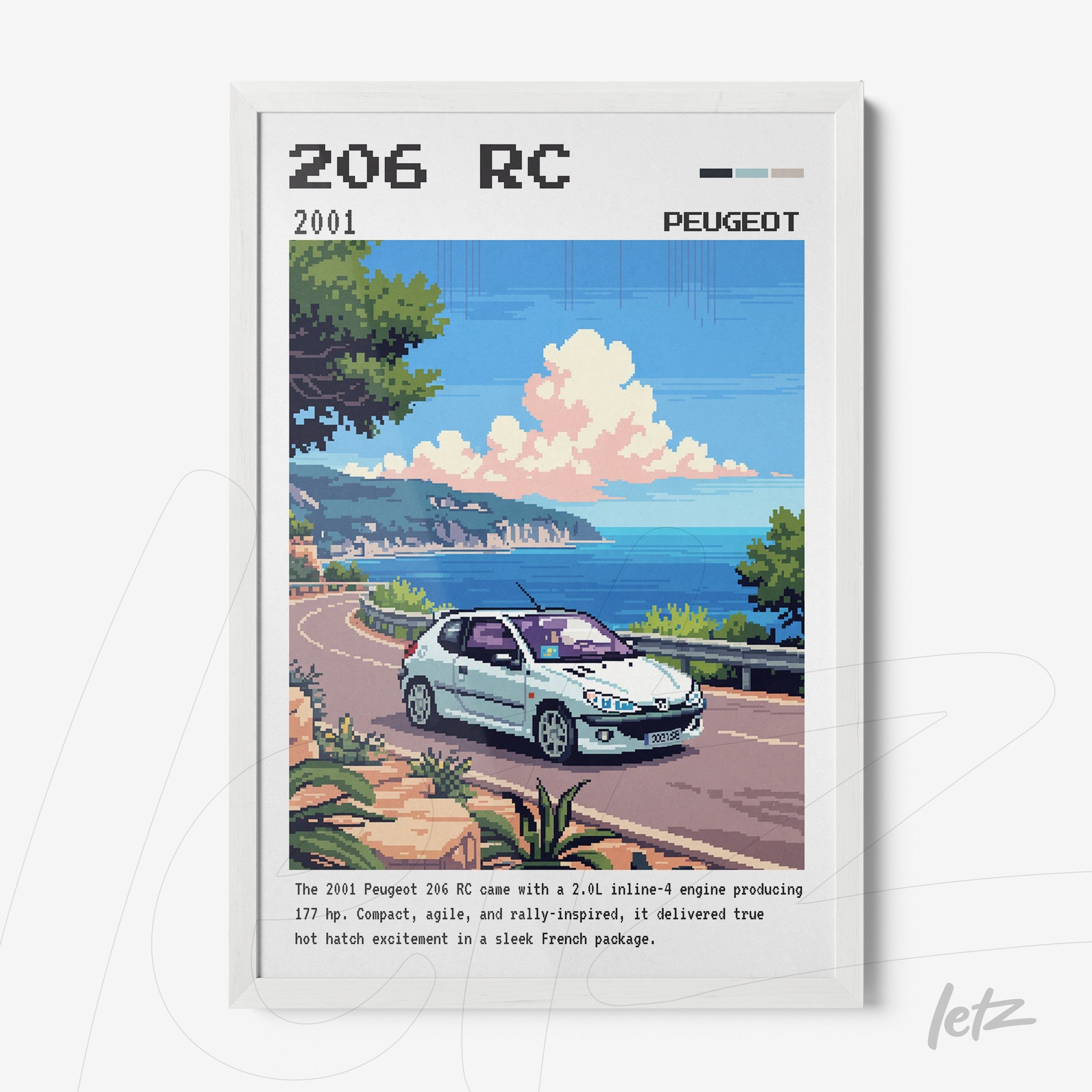 quadro com arte pixelada de um Peugeot 206 RC em estrada à beira-mar com fundo de paisagem costeira