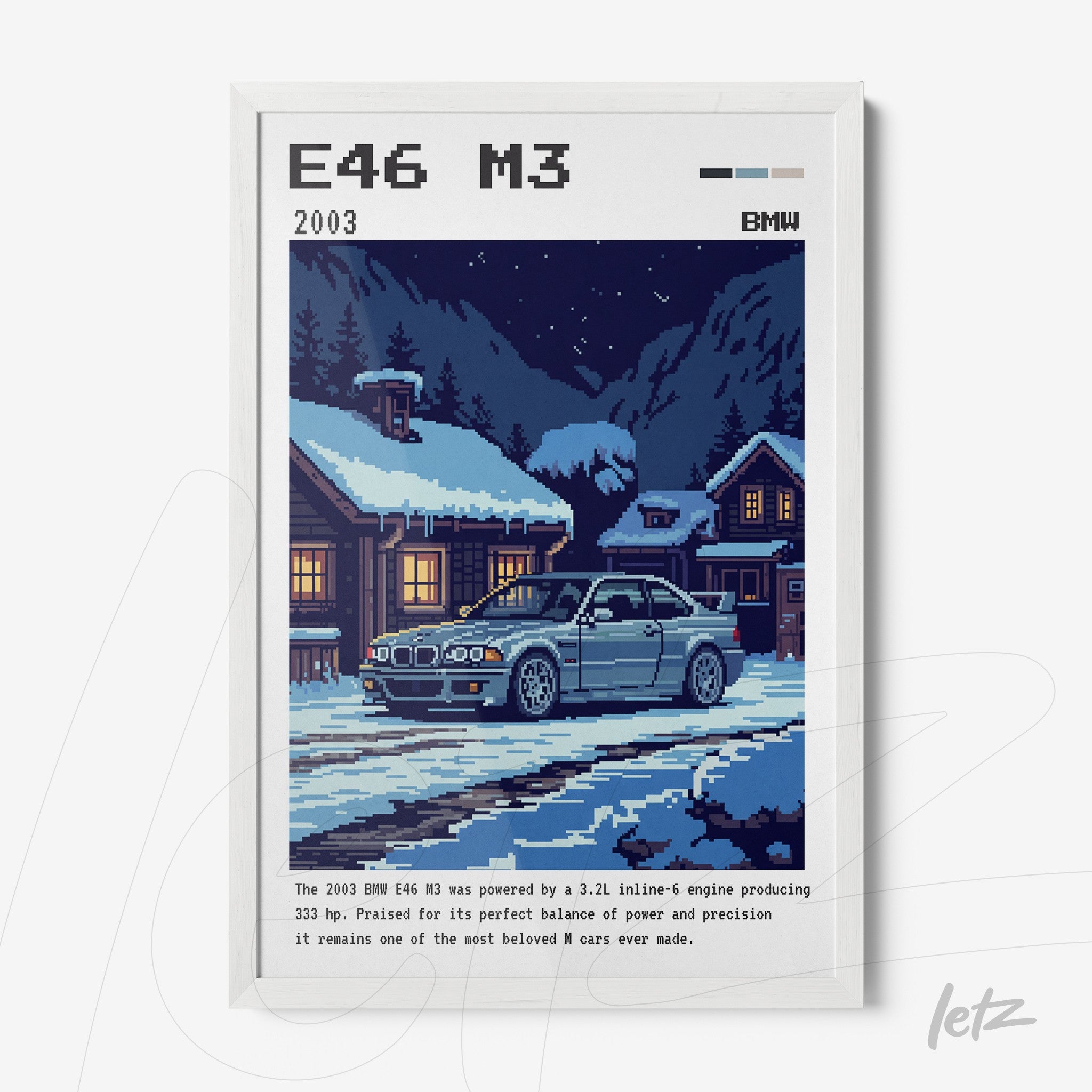 quadro com arte pixelada de um carro BMW E46 M3 em paisagem noturna com casas de madeira ao fundo e moldura branca