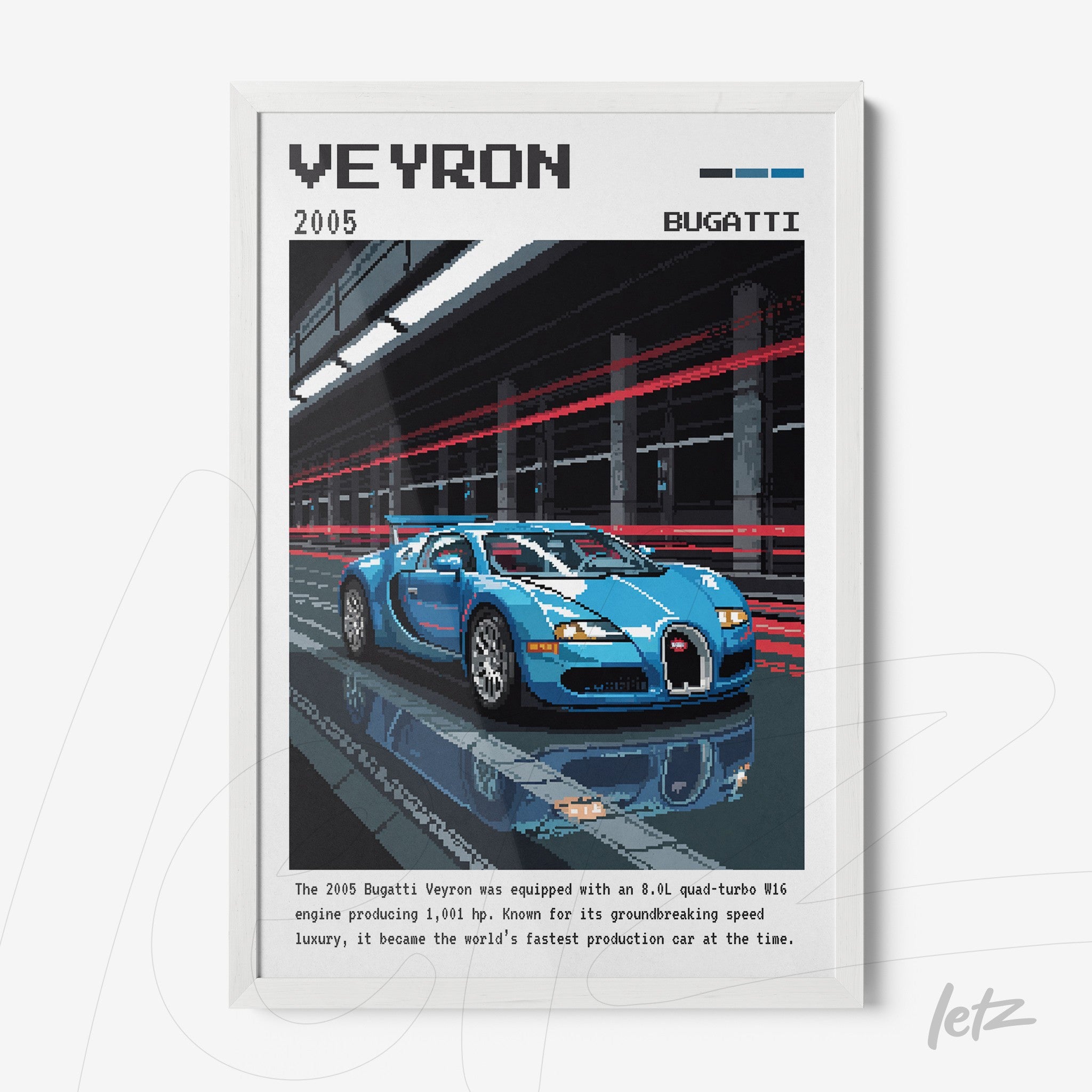 quadro com ilustração de carro esportivo Bugatti Veyron em estilo pixel art, moldura branca e fundo de pista iluminada