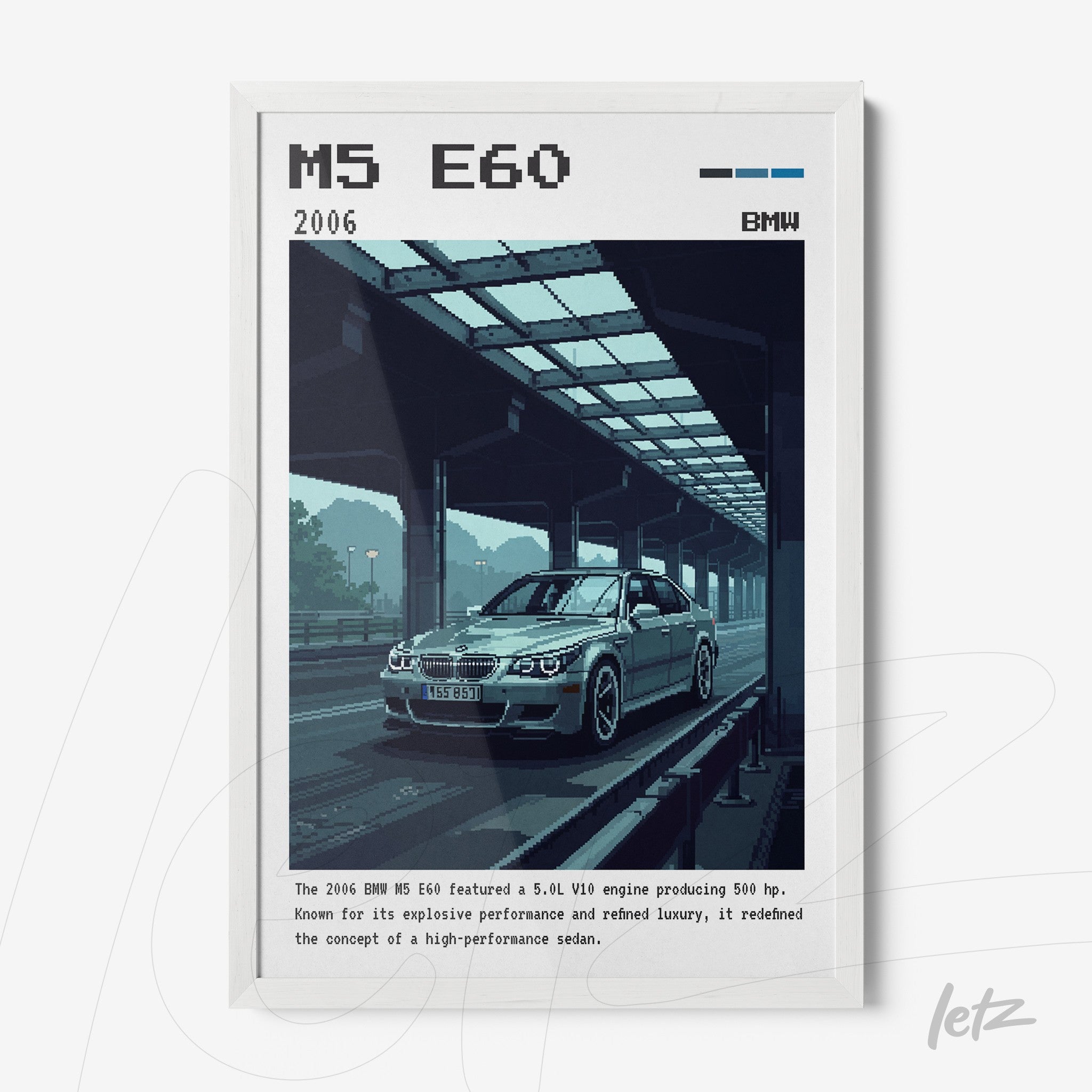 quadro com arte digital do carro BMW M5 E60 de 2006 em moldura branca