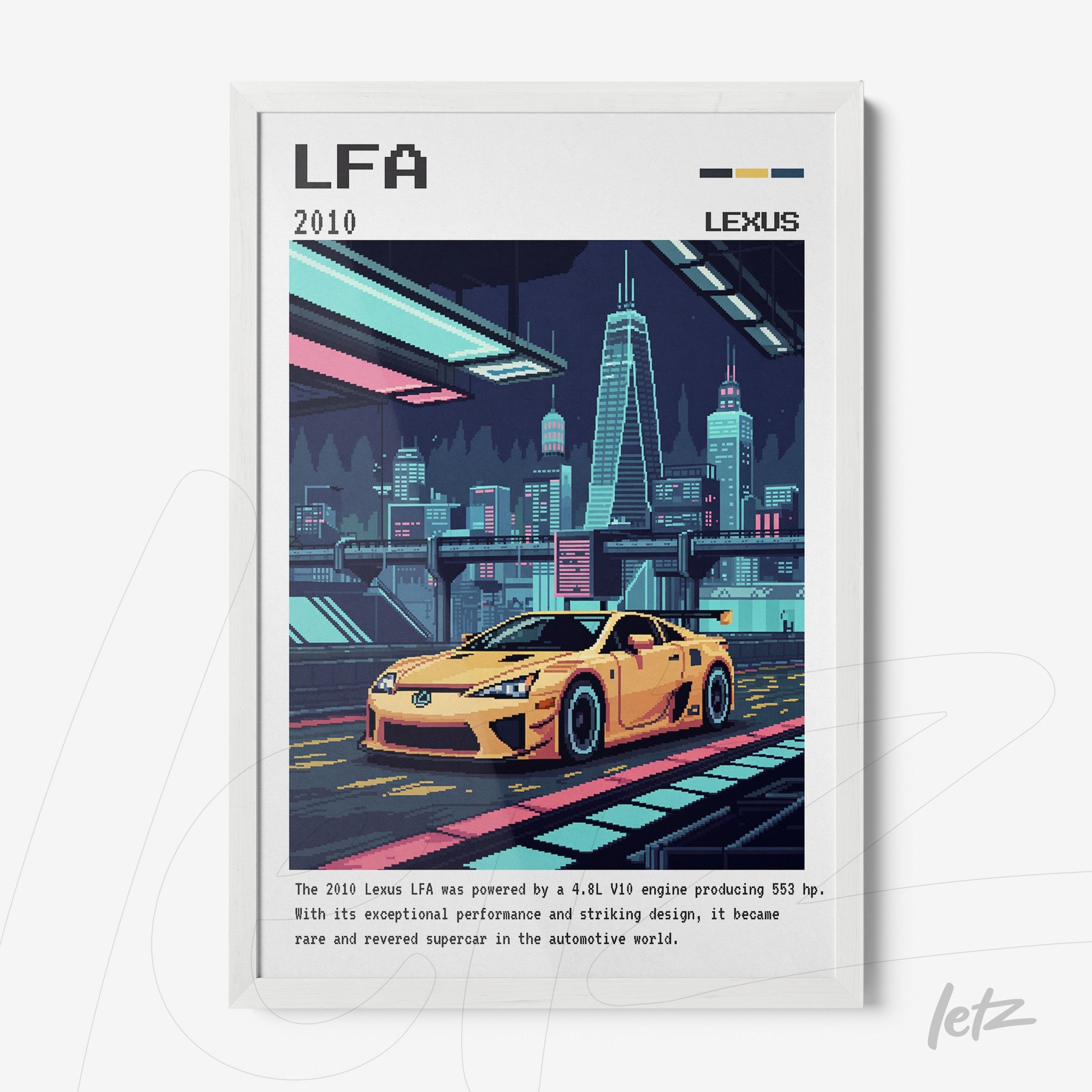 quadro com arte digital de um carro esportivo amarelo na cidade à noite em moldura branca