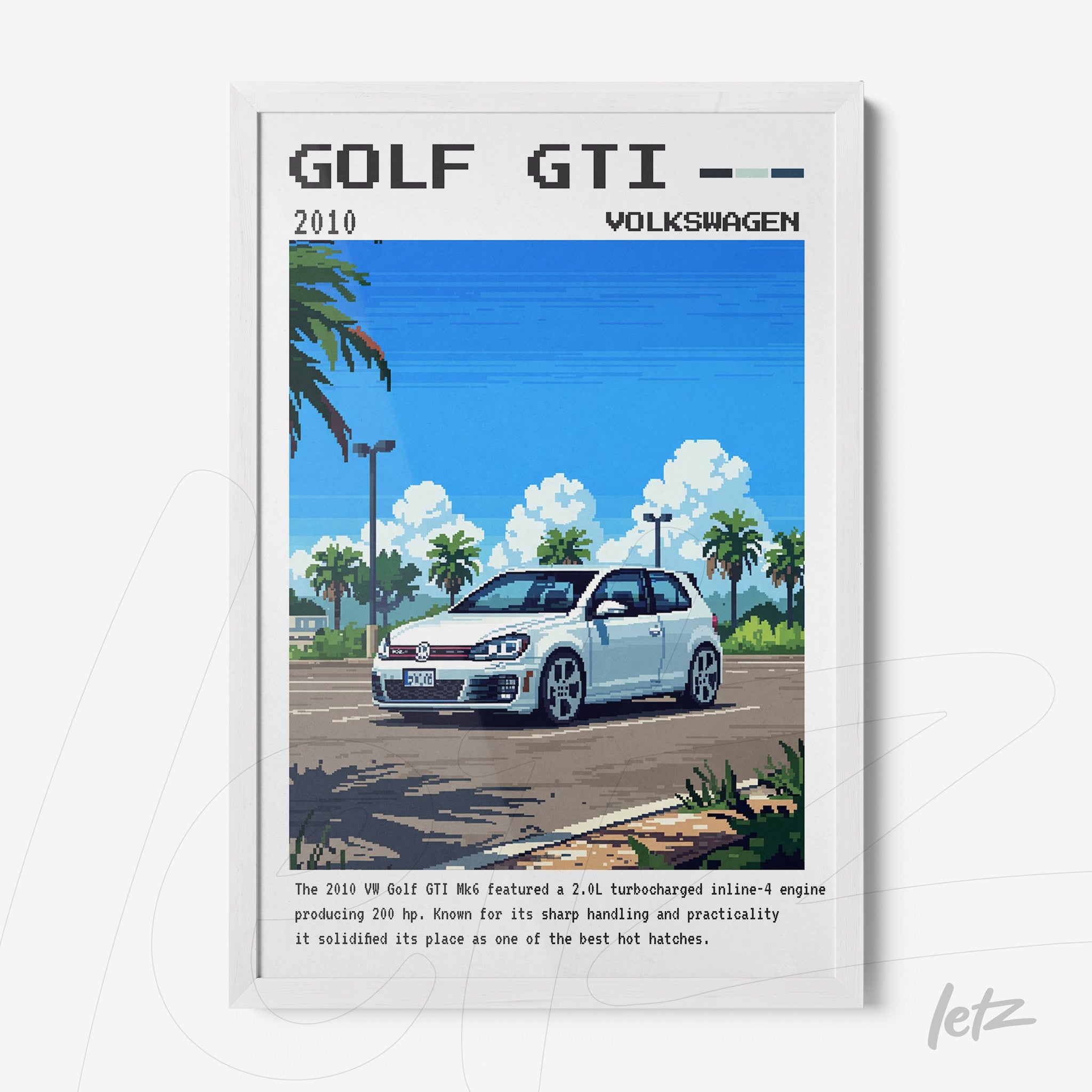 quadro em moldura branca apresentando arte pixelada do Volkswagen Golf GTI em uma estrada ensolarada