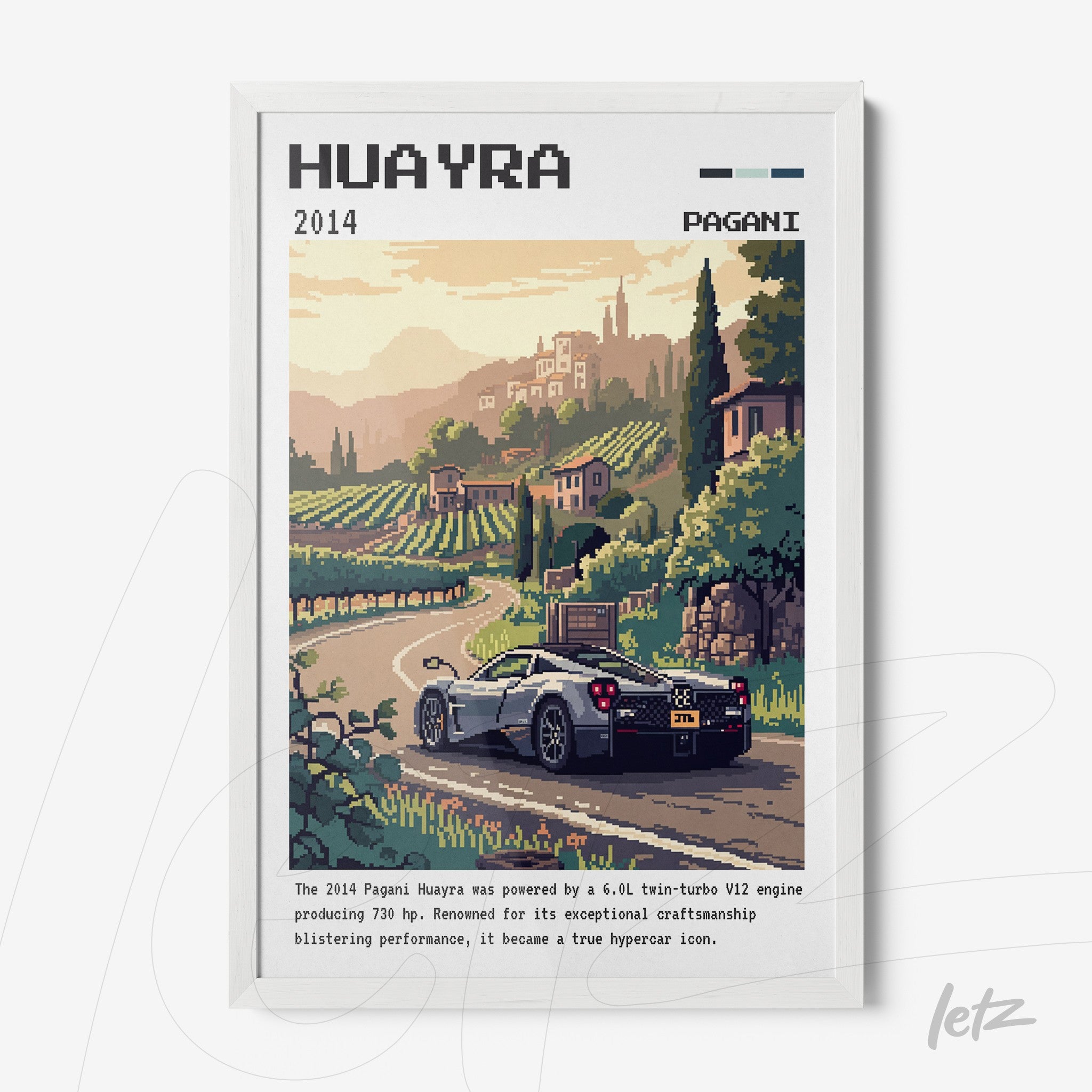 quadro emoldurado com arte pixelada do carro Pagani Huayra em estrada rural, com vinhedos ao fundo e céu claro
