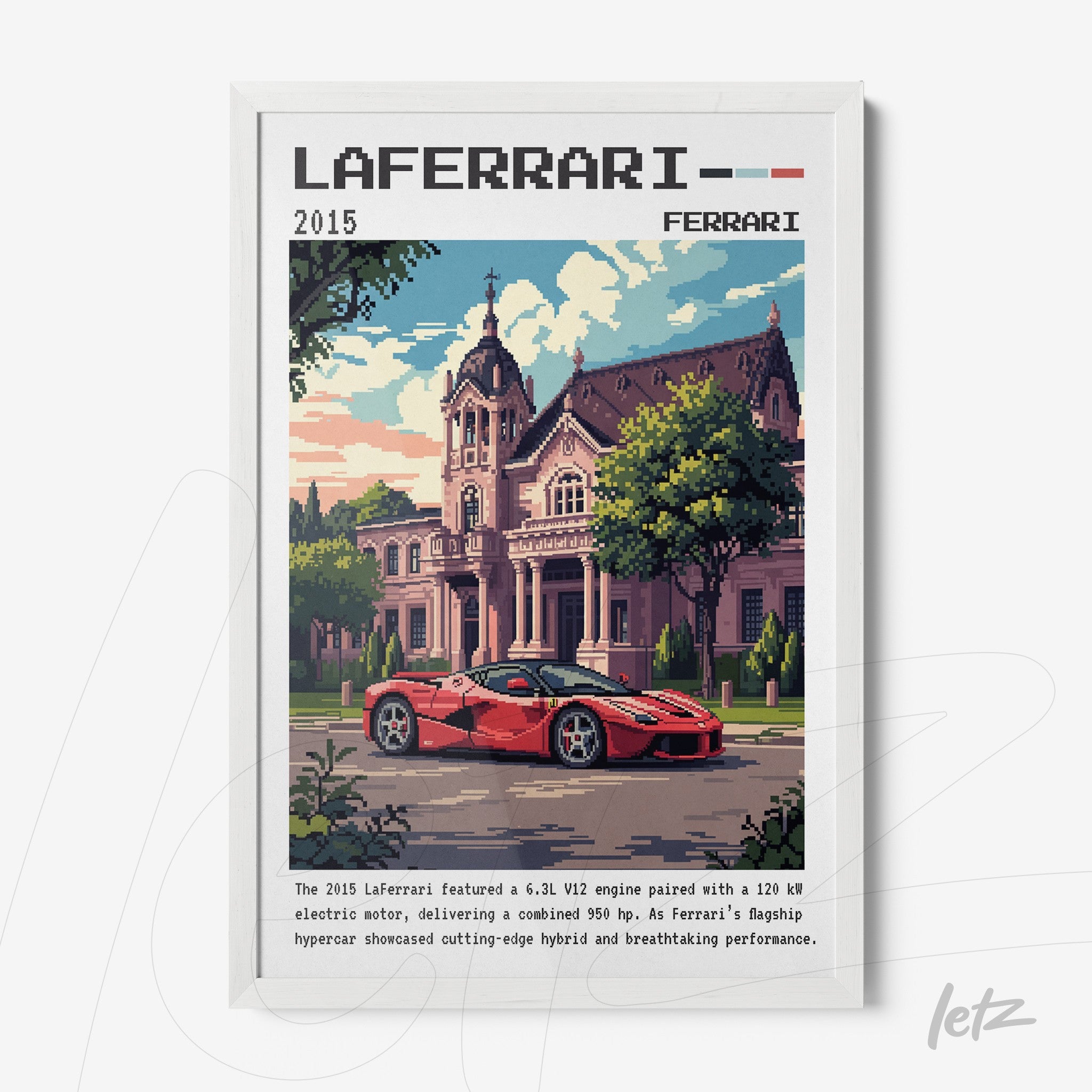 quadro emoldurado com arte em pixel art de um carro Ferrari LaFerrari em frente a uma mansão clássica