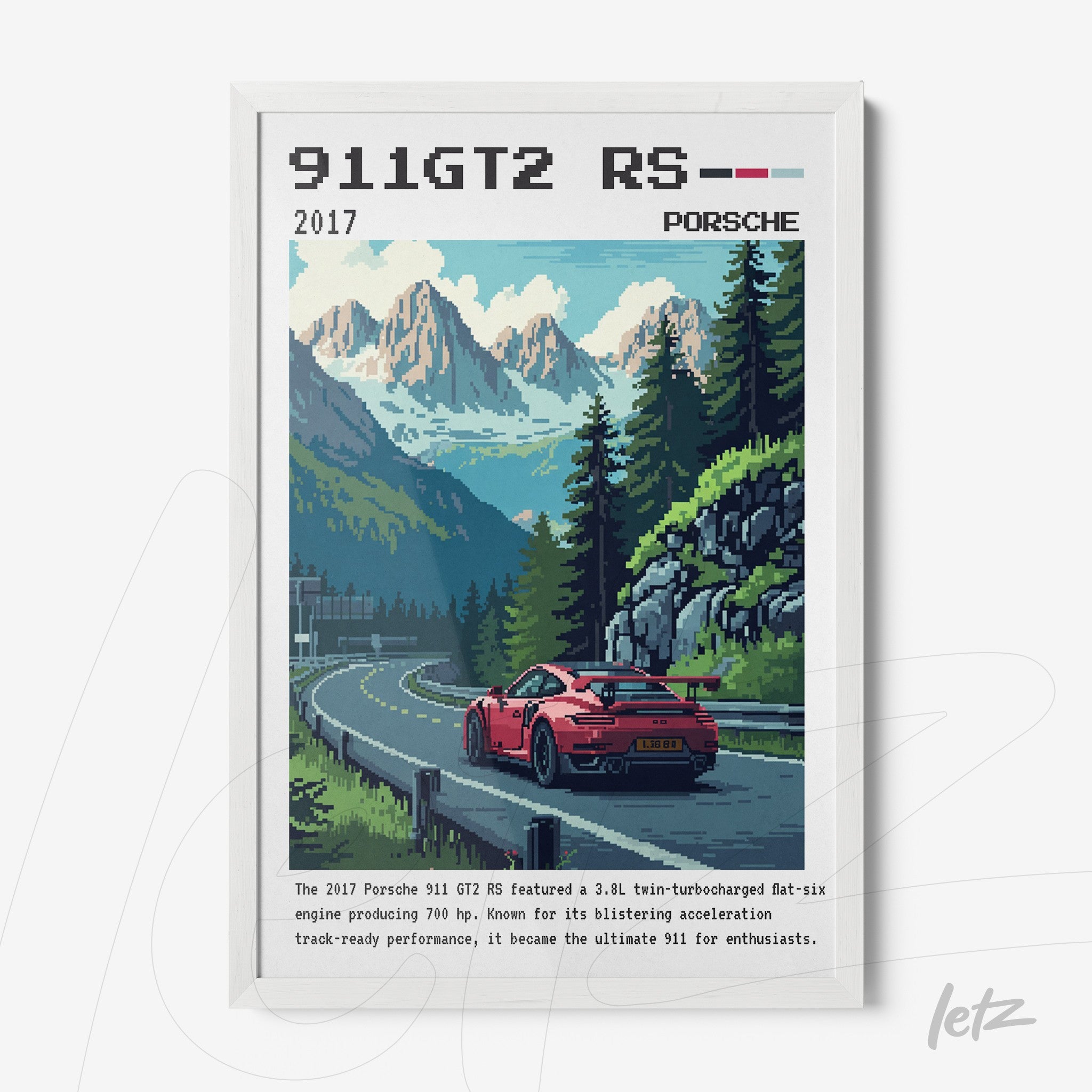 quadro com arte digital de um Porsche 911 GT2 RS em uma estrada montanhosa, com moldura branca