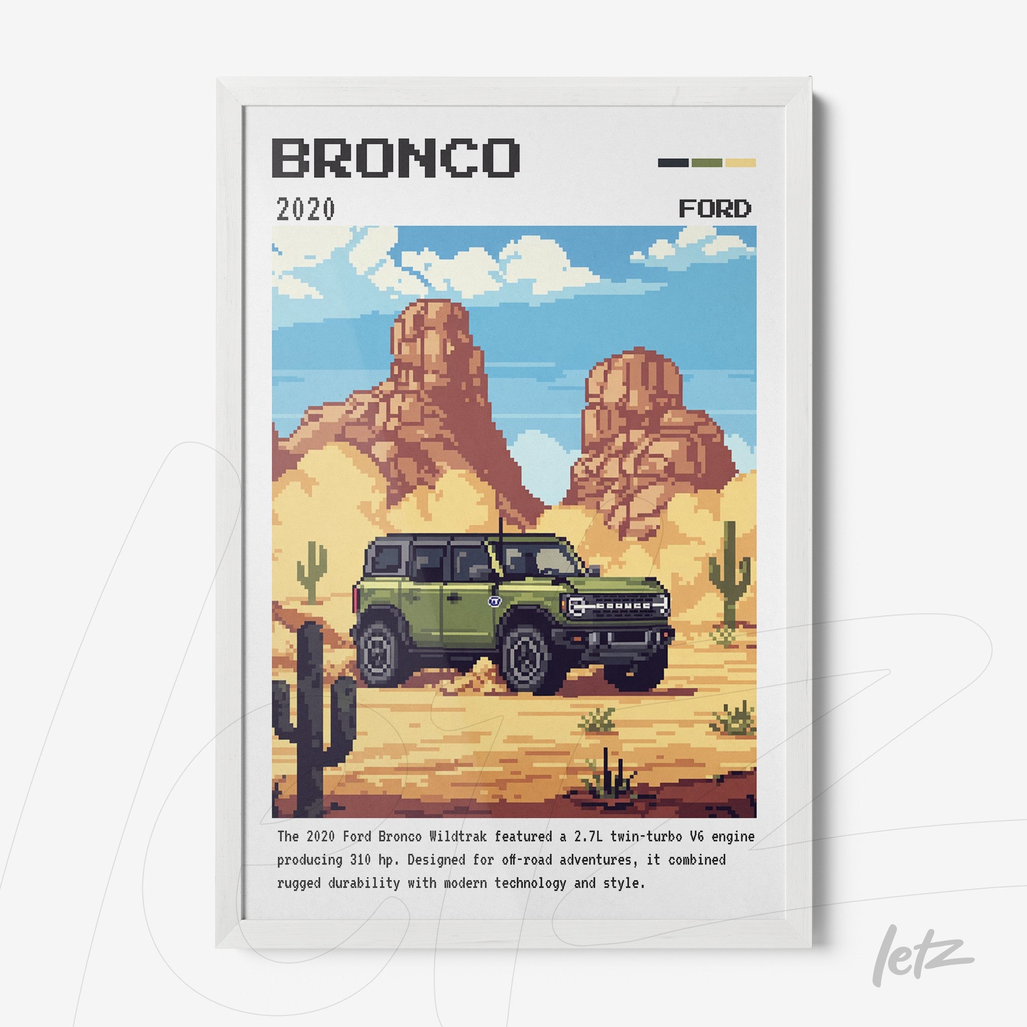 quadro com arte digital do carro Ford Bronco 2020 em estilo pixelado, apresentado em moldura branca