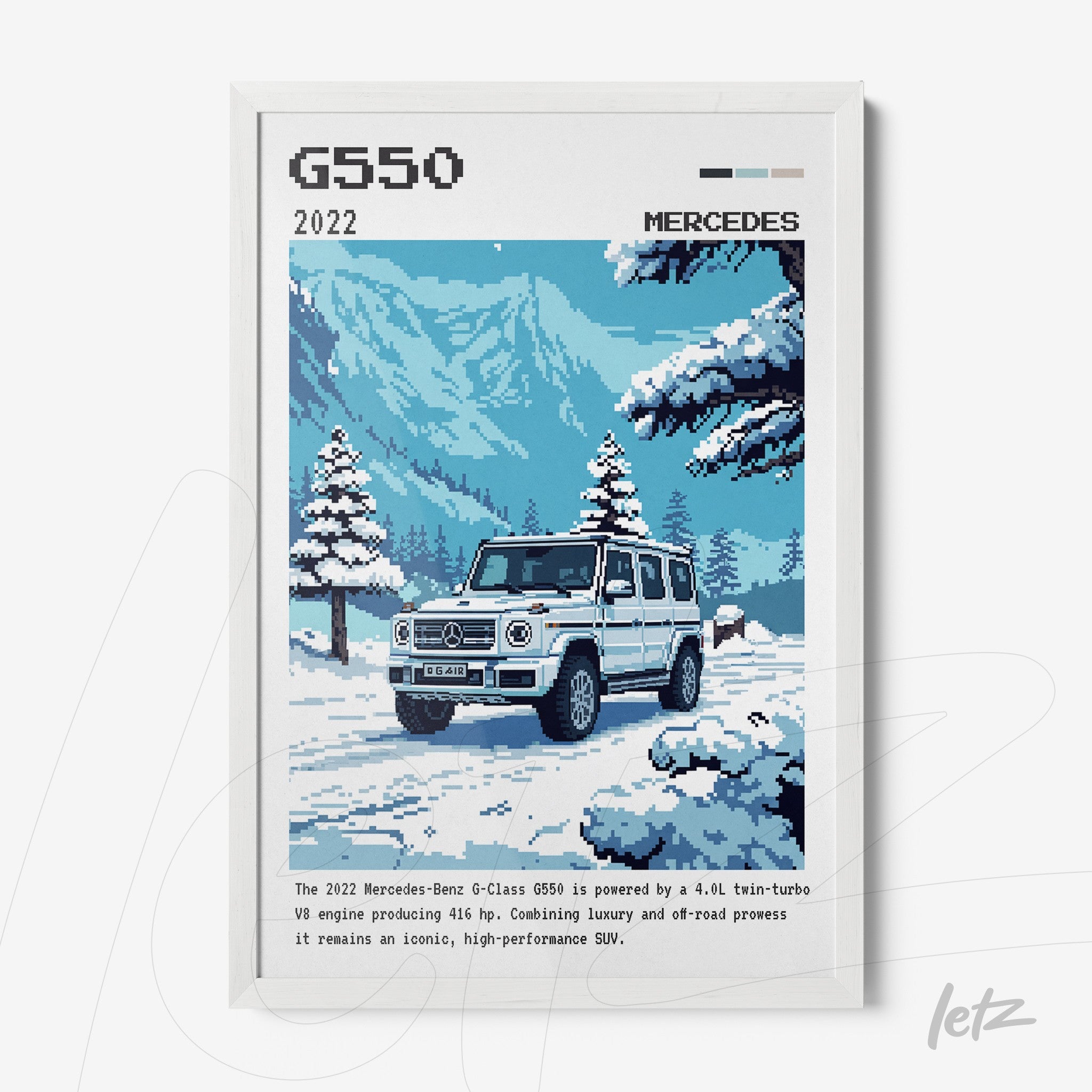 quadro emoldurado com arte pixelada do Mercedes-Benz G-Class G550 em uma paisagem de montanha coberta de neve