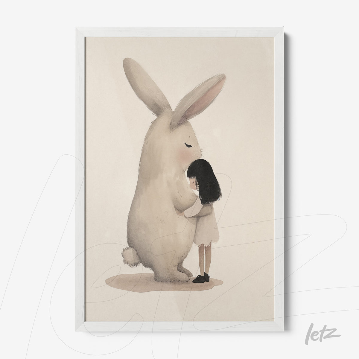 quadro com ilustração suave de uma menina abraçando um coelho grande em moldura branca