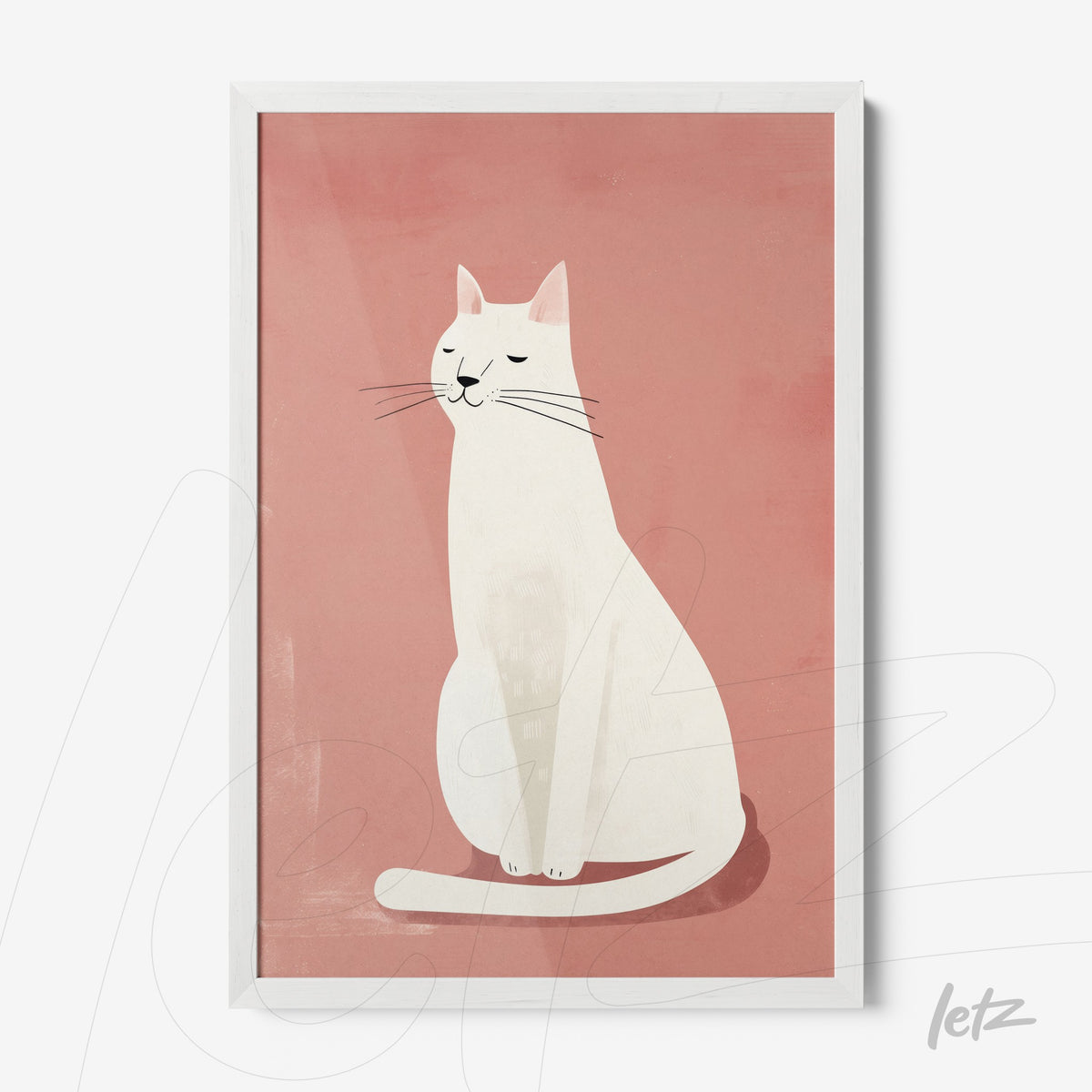 quadro com ilustração minimalista de um gato branco em fundo rosa, com moldura branca