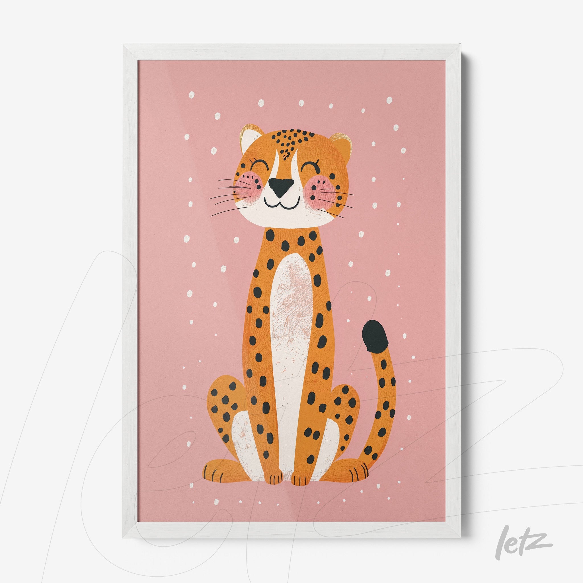 quadro com ilustração de um leopardo sorridente em fundo rosa, moldura branca
