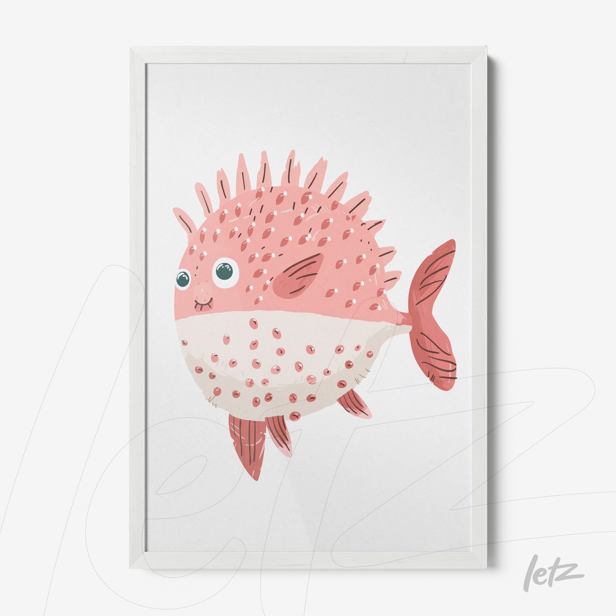 quadro com ilustração divertida de peixe rosa com espinhos e olhos grandes em moldura branca