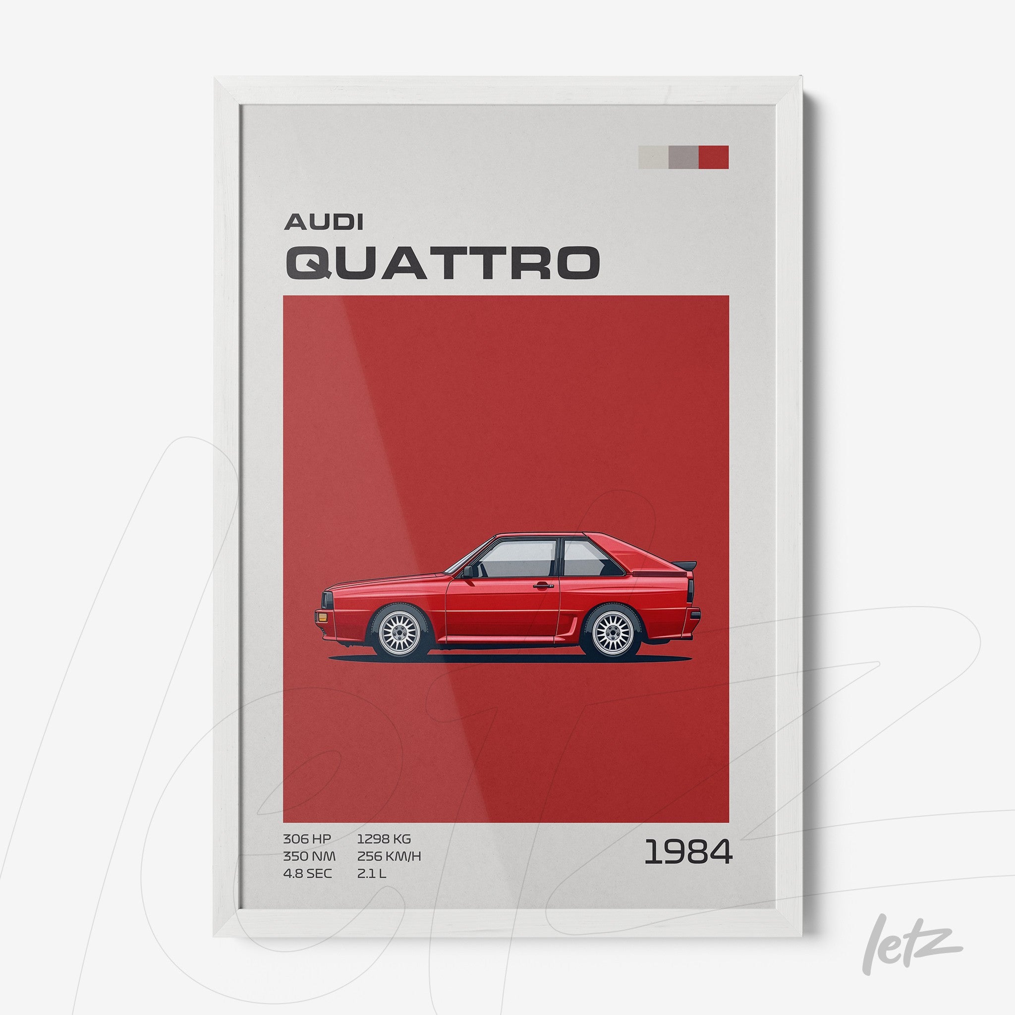 quadro com ilustração retrô do Audi Quattro em fundo vermelho e moldura branca