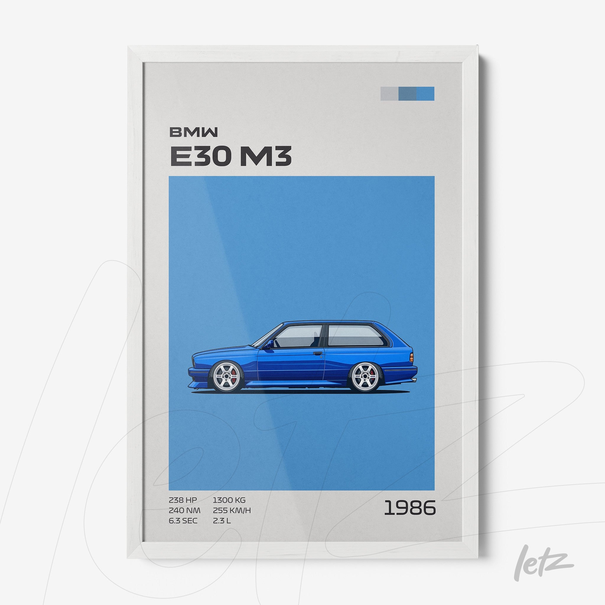 quadro com ilustração do carro BMW E30 M3 em fundo azul claro e moldura branca, destacando detalhes técnicos como potência e ano