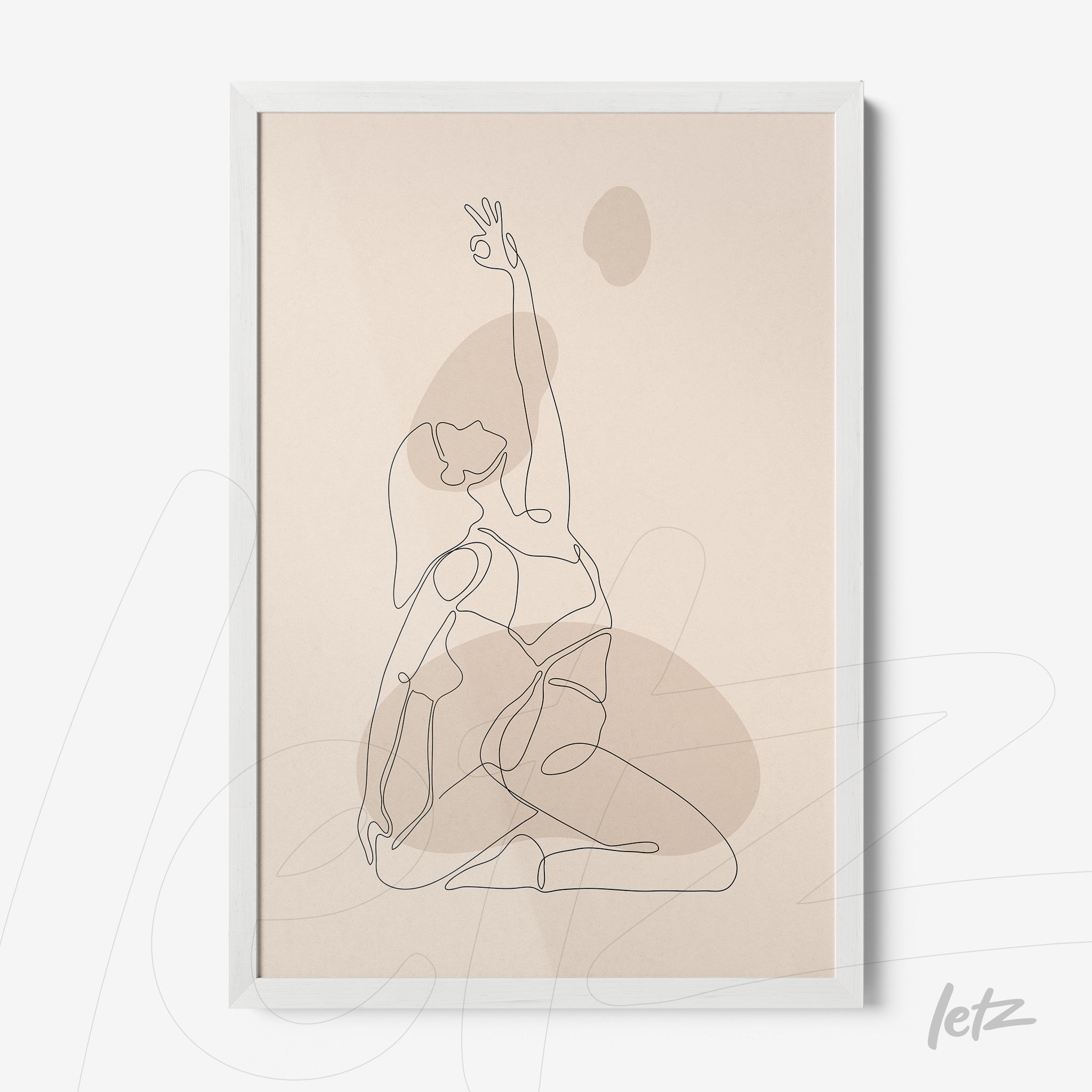 quadro minimalista com desenho de linha contínua de mulher em pose de yoga com moldura branca