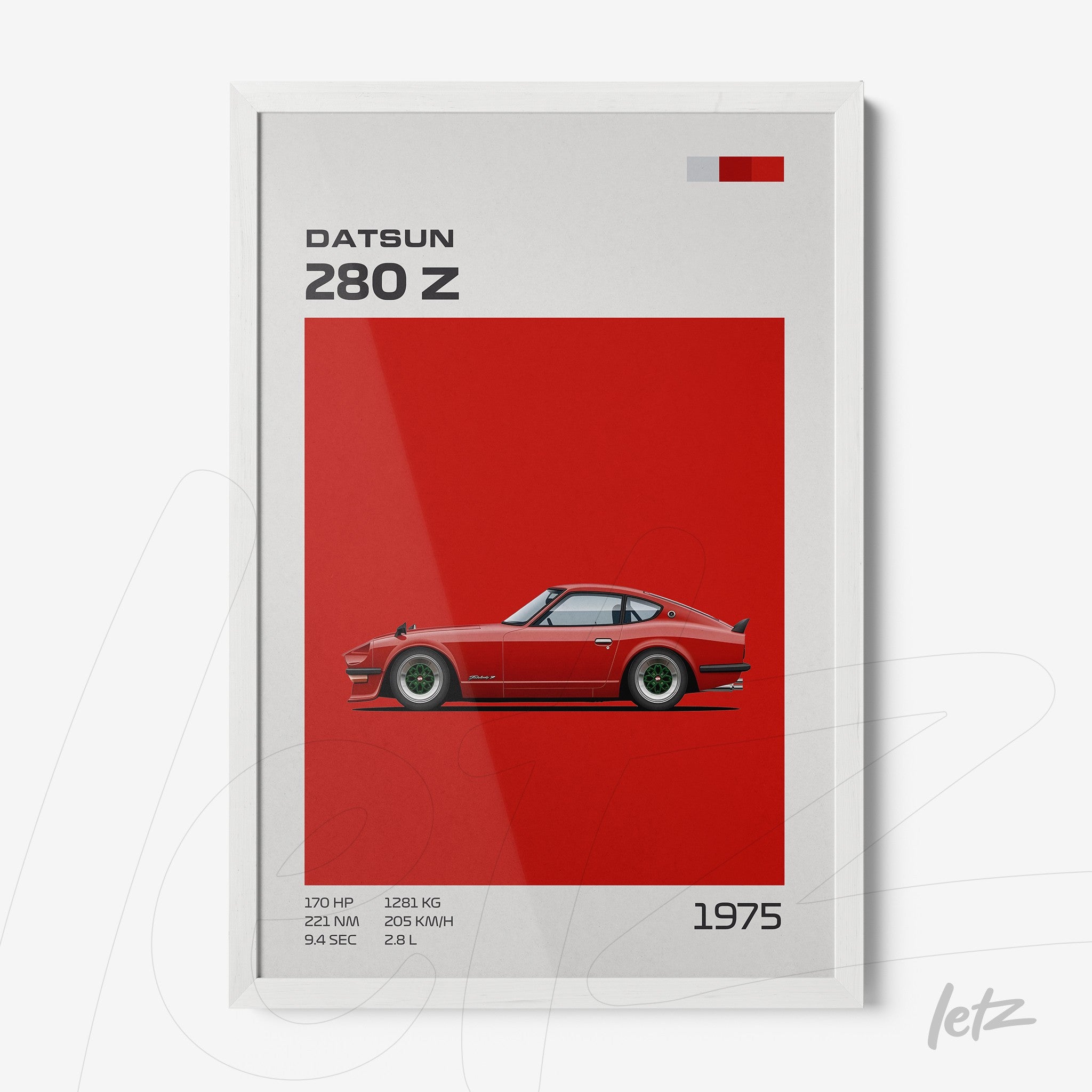 quadro com arte digital do carro Datsun 280 Z em fundo vermelho com moldura branca